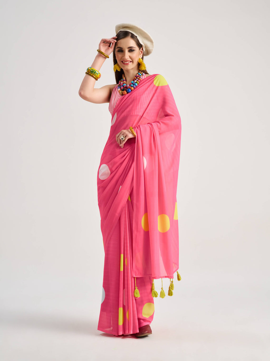 BARBIE PINK GEORGETTE POLKA POPS DIGITAL PRINTED SAREE