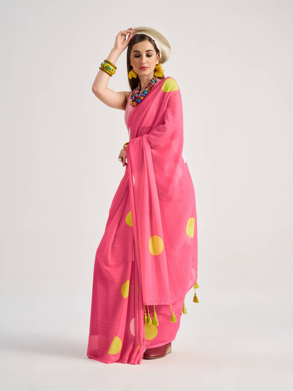 BARBIE PINK GEORGETTE POLKA POPS DIGITAL PRINTED SAREE