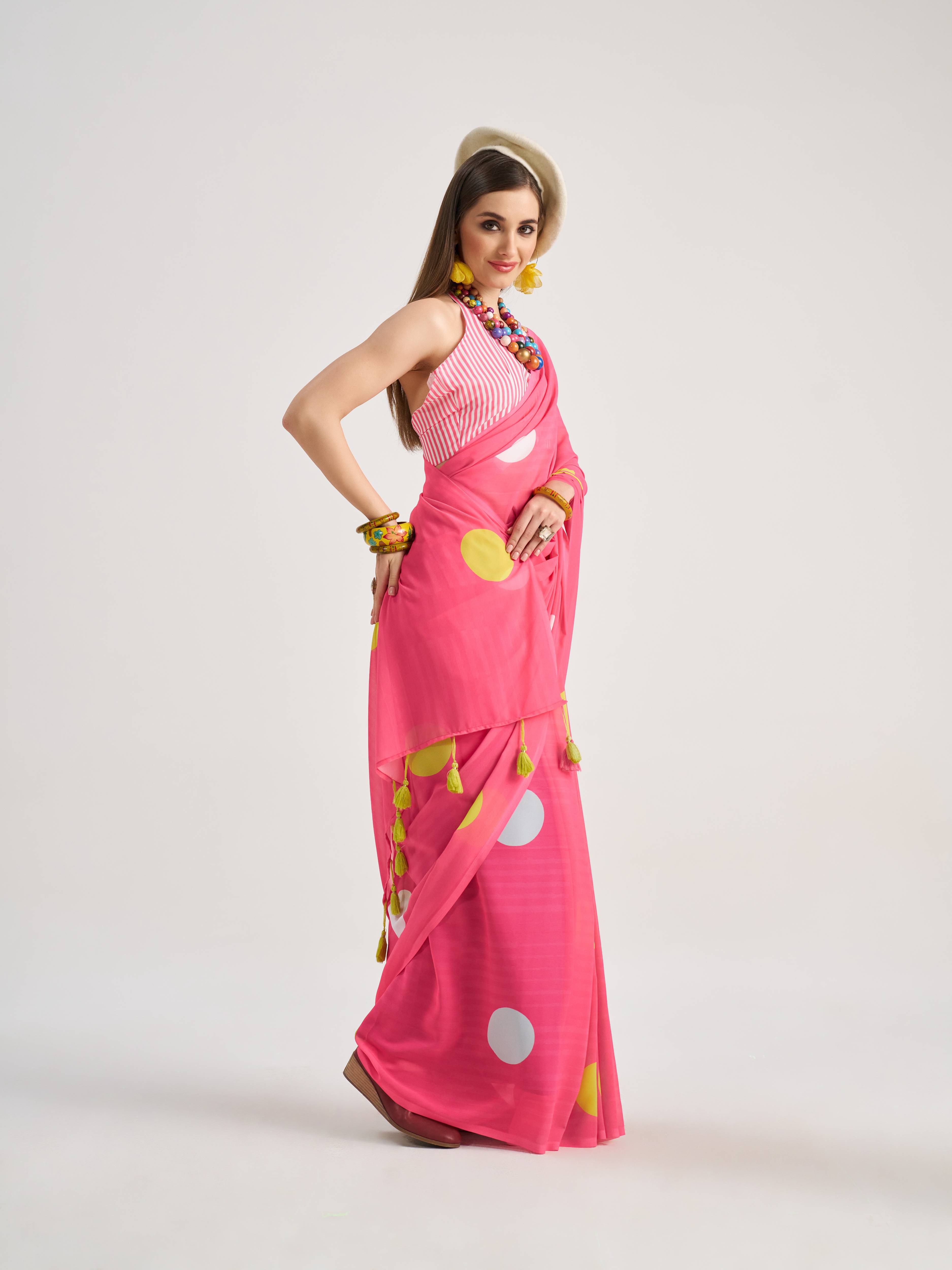 BARBIE PINK GEORGETTE POLKA POPS DIGITAL PRINTED SAREE
