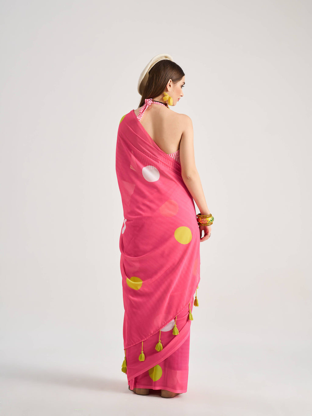 BARBIE PINK GEORGETTE POLKA POPS DIGITAL PRINTED SAREE