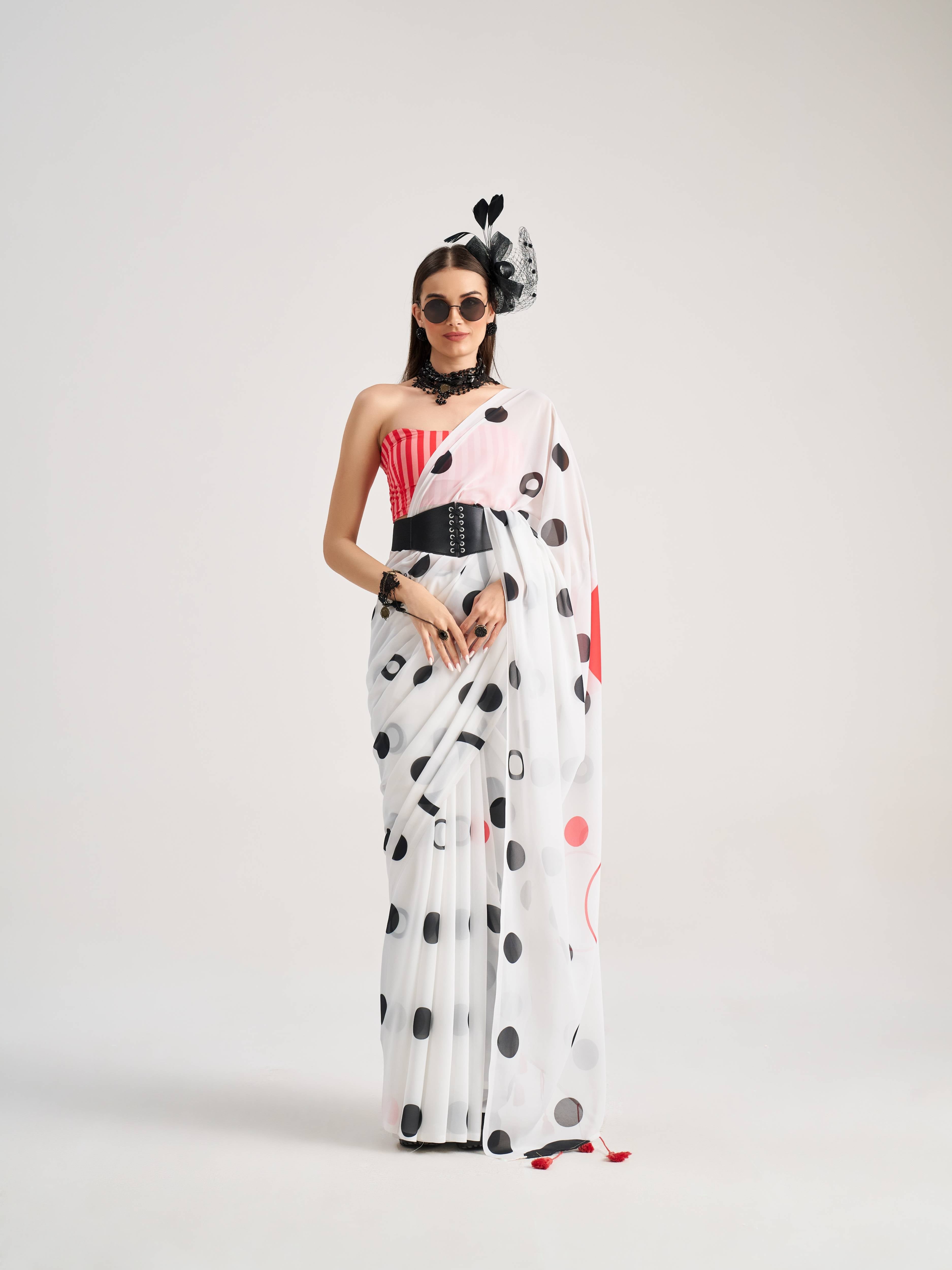 WHITE GEORGETTE POLKA POPS DIGITAL PRINTED SAREE