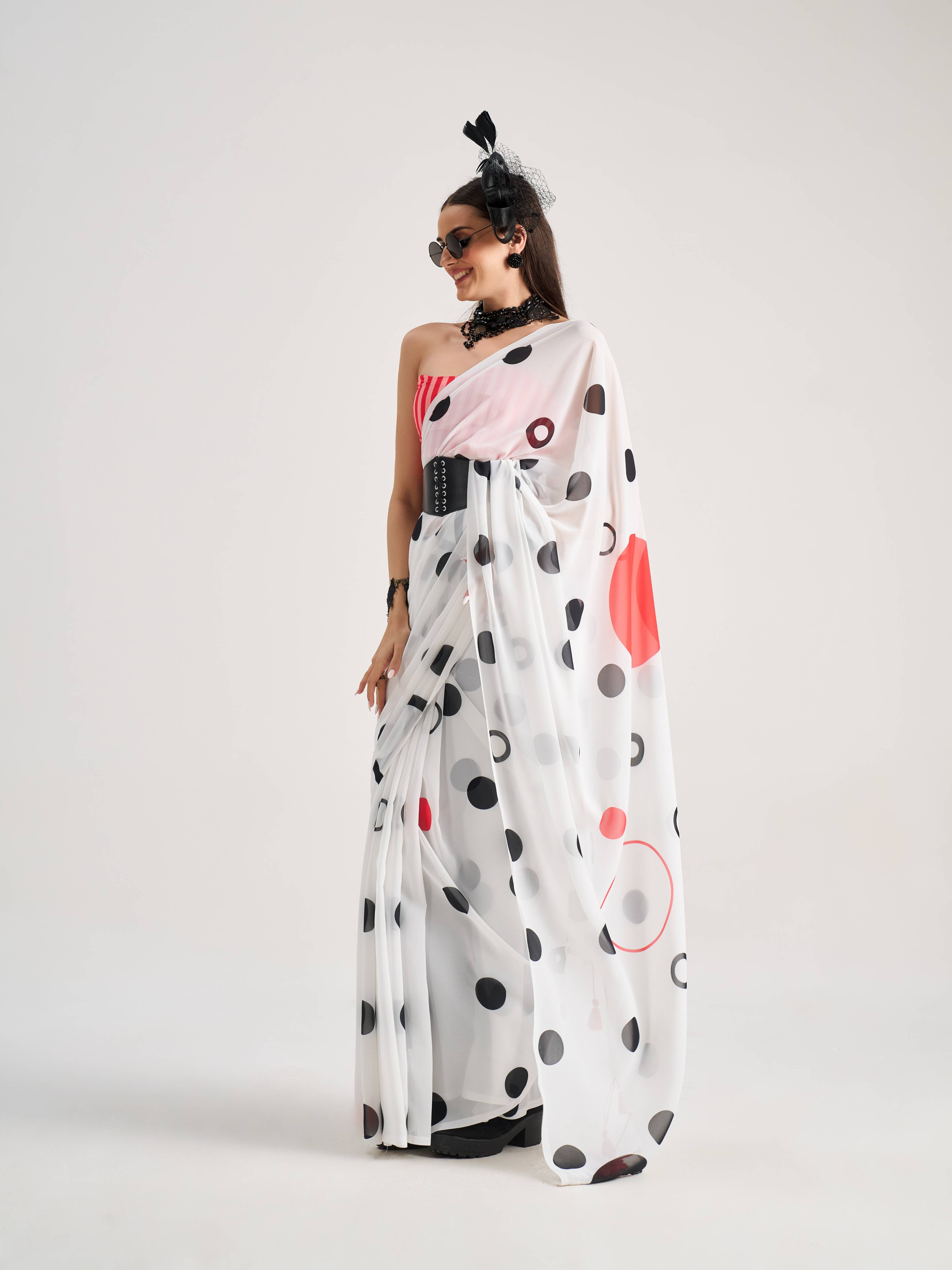 WHITE GEORGETTE POLKA POPS DIGITAL PRINTED SAREE