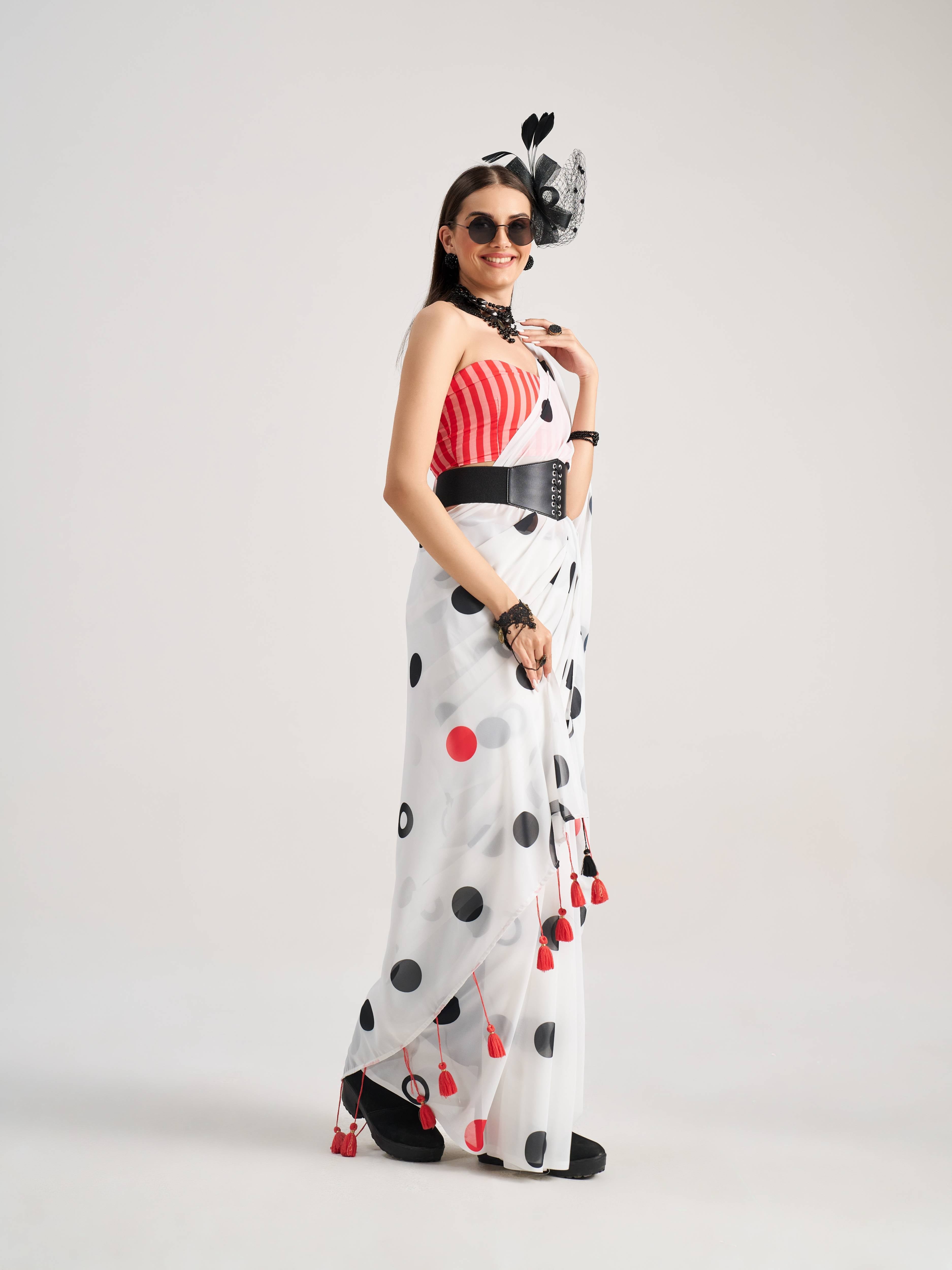 WHITE GEORGETTE POLKA POPS DIGITAL PRINTED SAREE