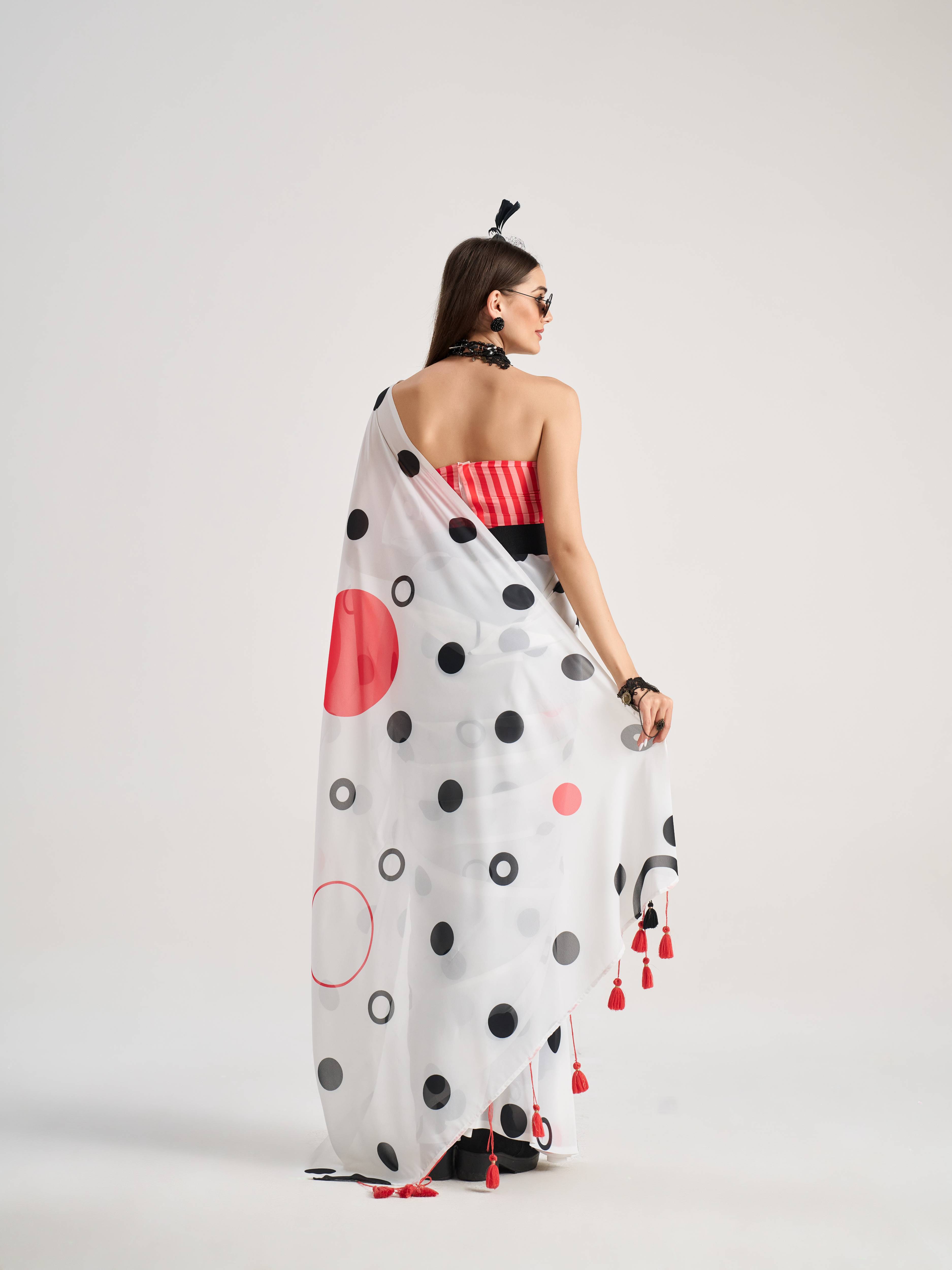 WHITE GEORGETTE POLKA POPS DIGITAL PRINTED SAREE