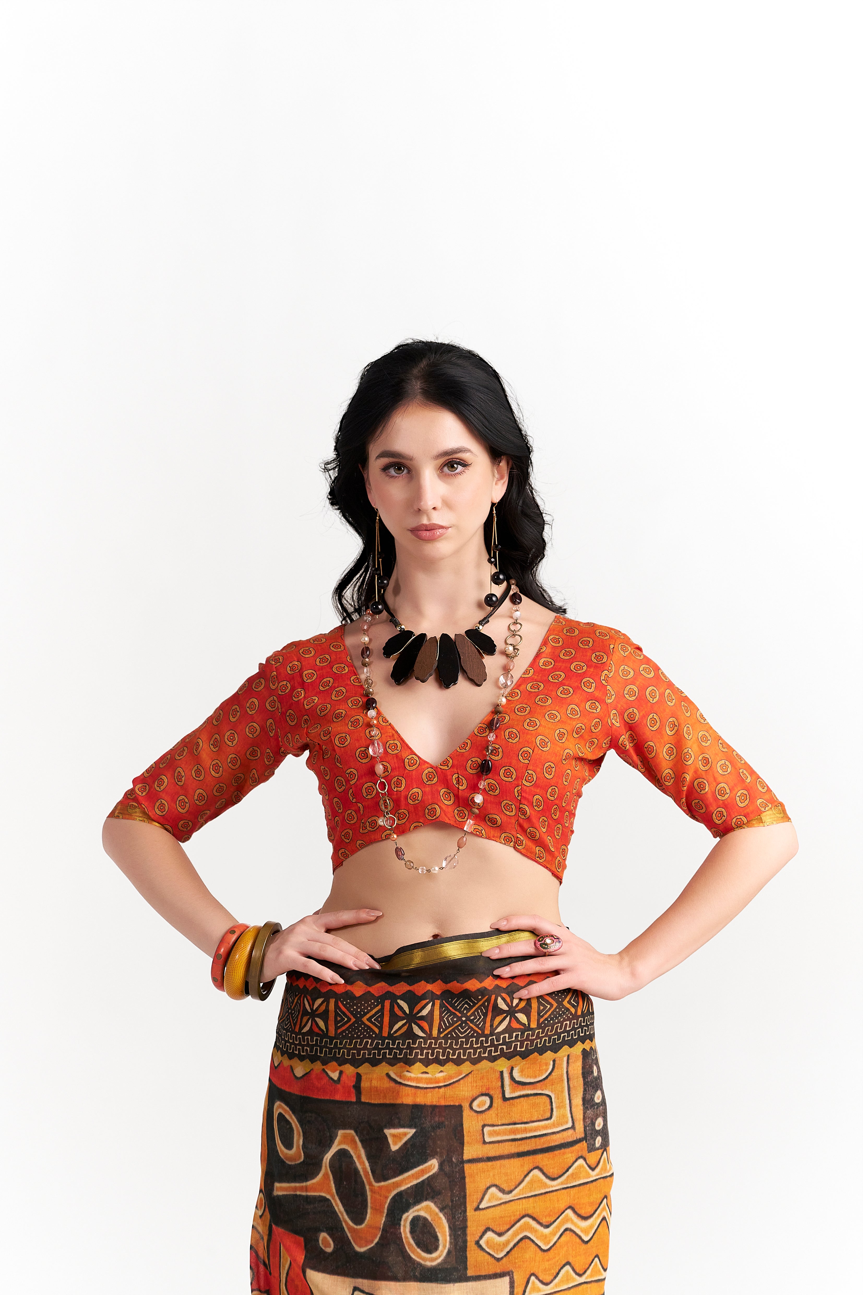 BLACK & ORANGE VISCOSE MUL LIVA DIGITAL PRINTED SAREE