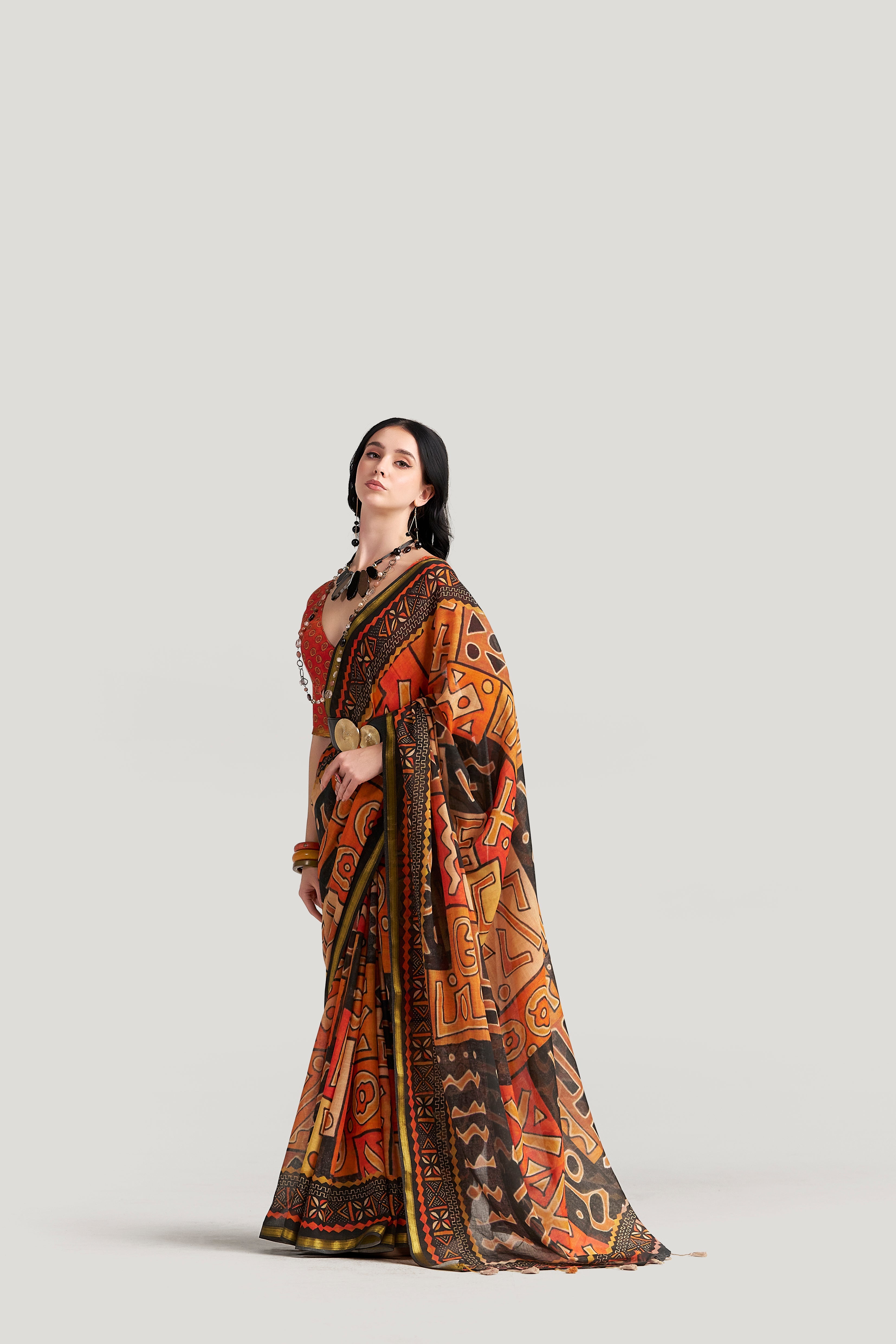 BLACK & ORANGE VISCOSE MUL LIVA DIGITAL PRINTED SAREE