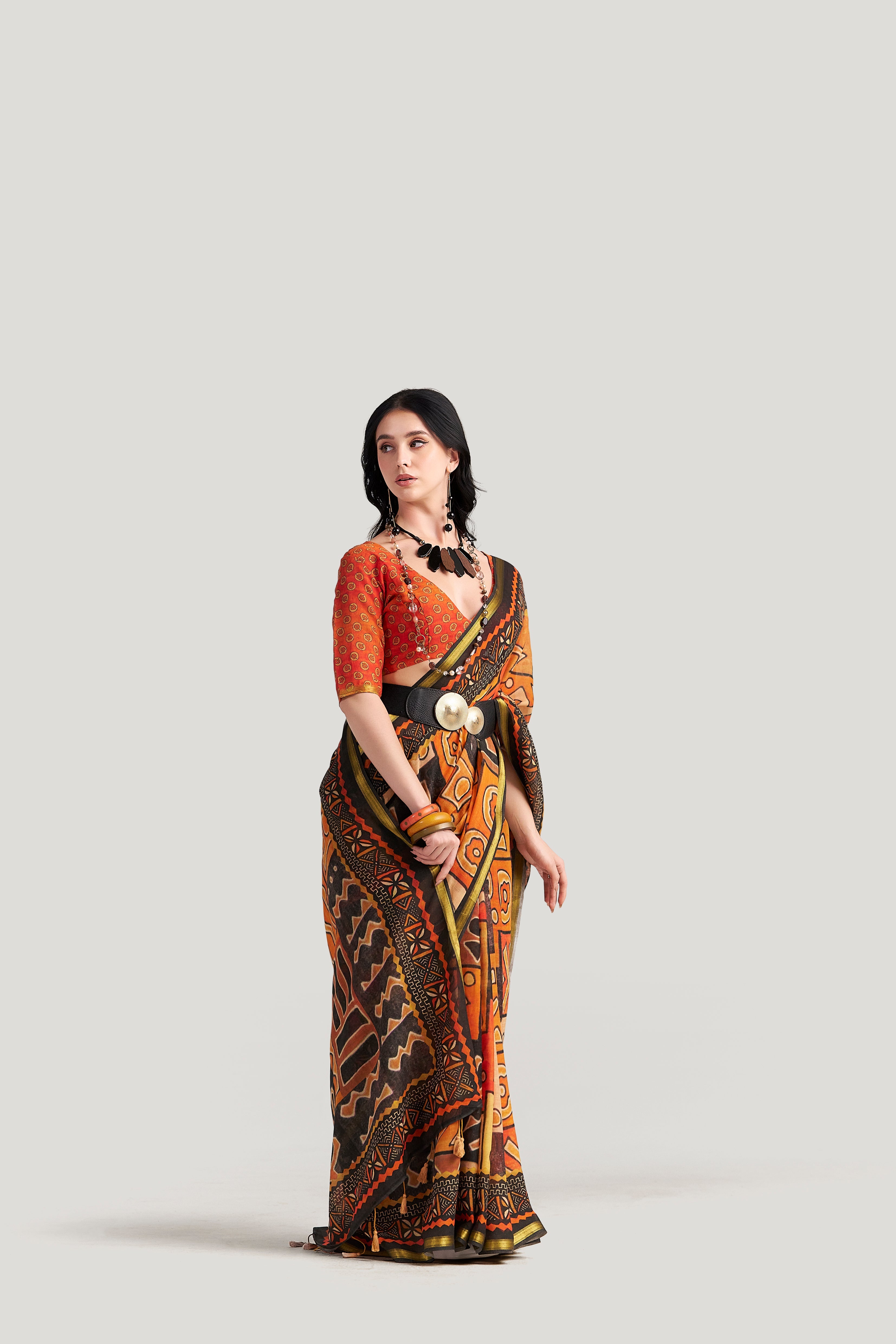 BLACK & ORANGE VISCOSE MUL LIVA DIGITAL PRINTED SAREE