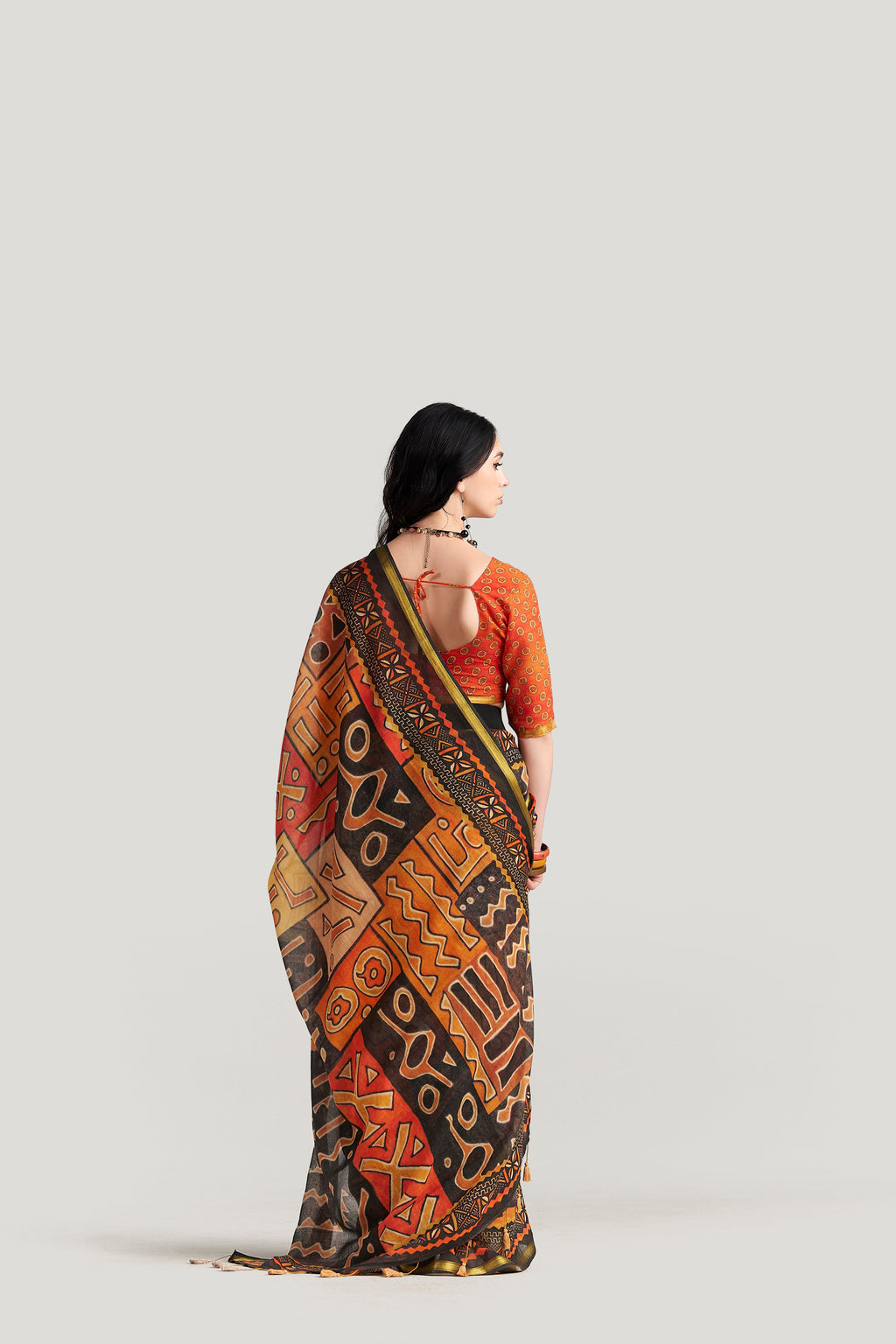 BLACK & ORANGE VISCOSE MUL LIVA DIGITAL PRINTED SAREE