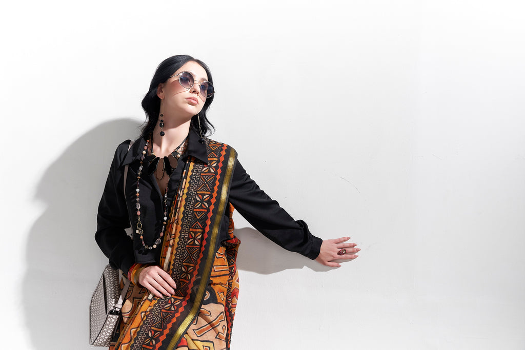 BLACK & ORANGE VISCOSE MUL LIVA DIGITAL PRINTED SAREE