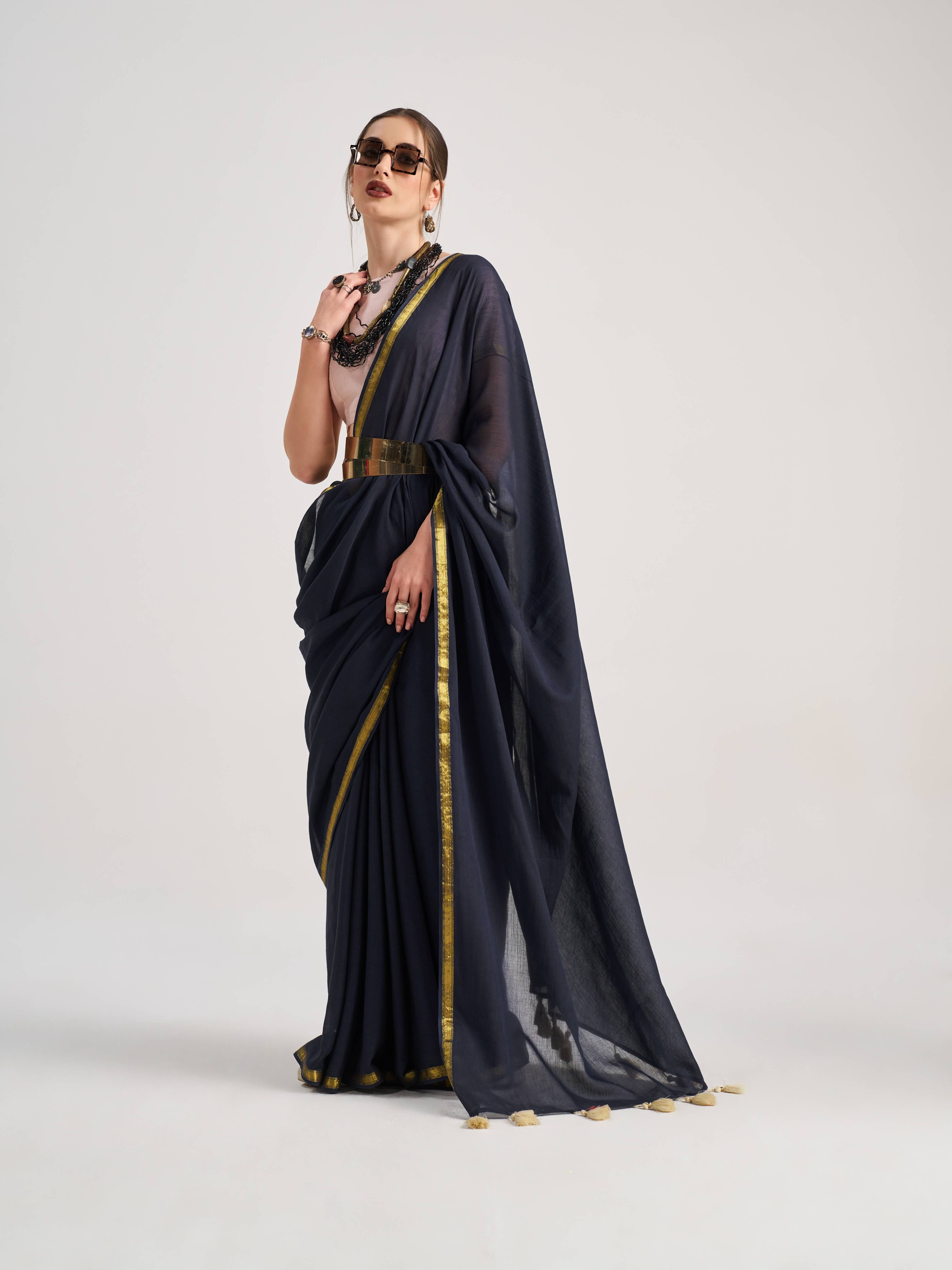 CHARCOAL BLACK VISCOSE MUL LIVA SOLID SAREE