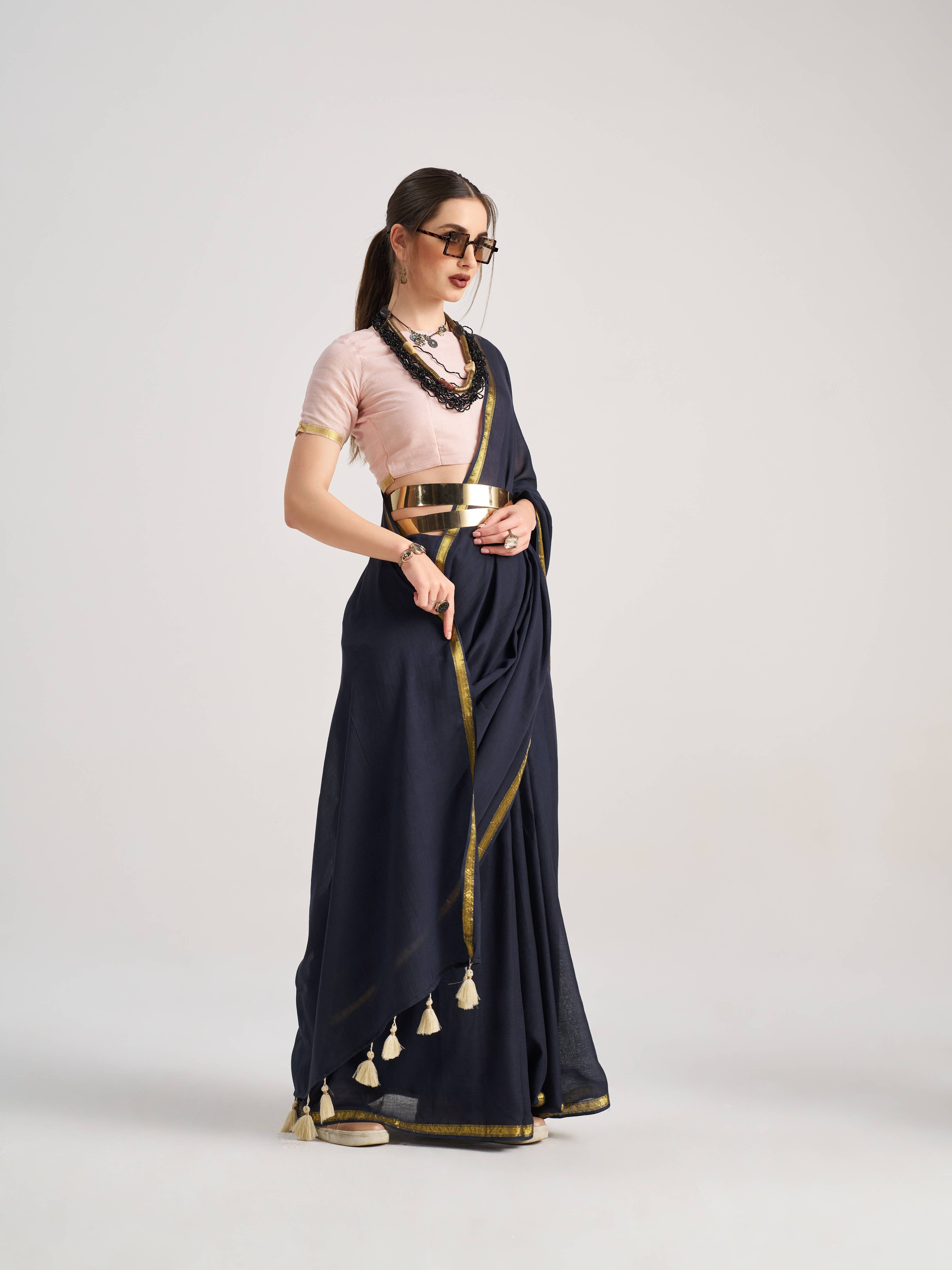 CHARCOAL BLACK VISCOSE MUL LIVA SOLID SAREE