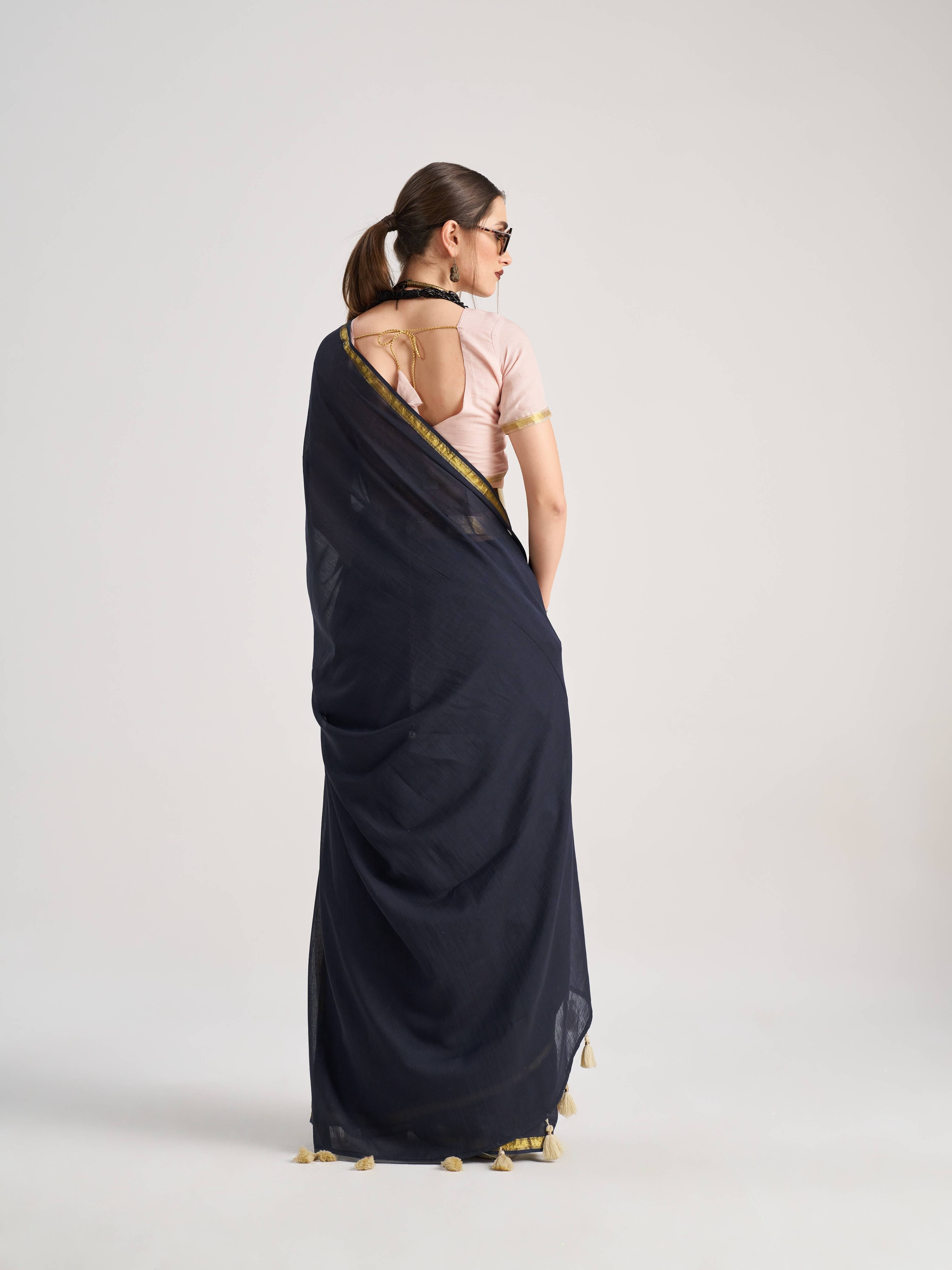 CHARCOAL BLACK VISCOSE MUL LIVA SOLID SAREE