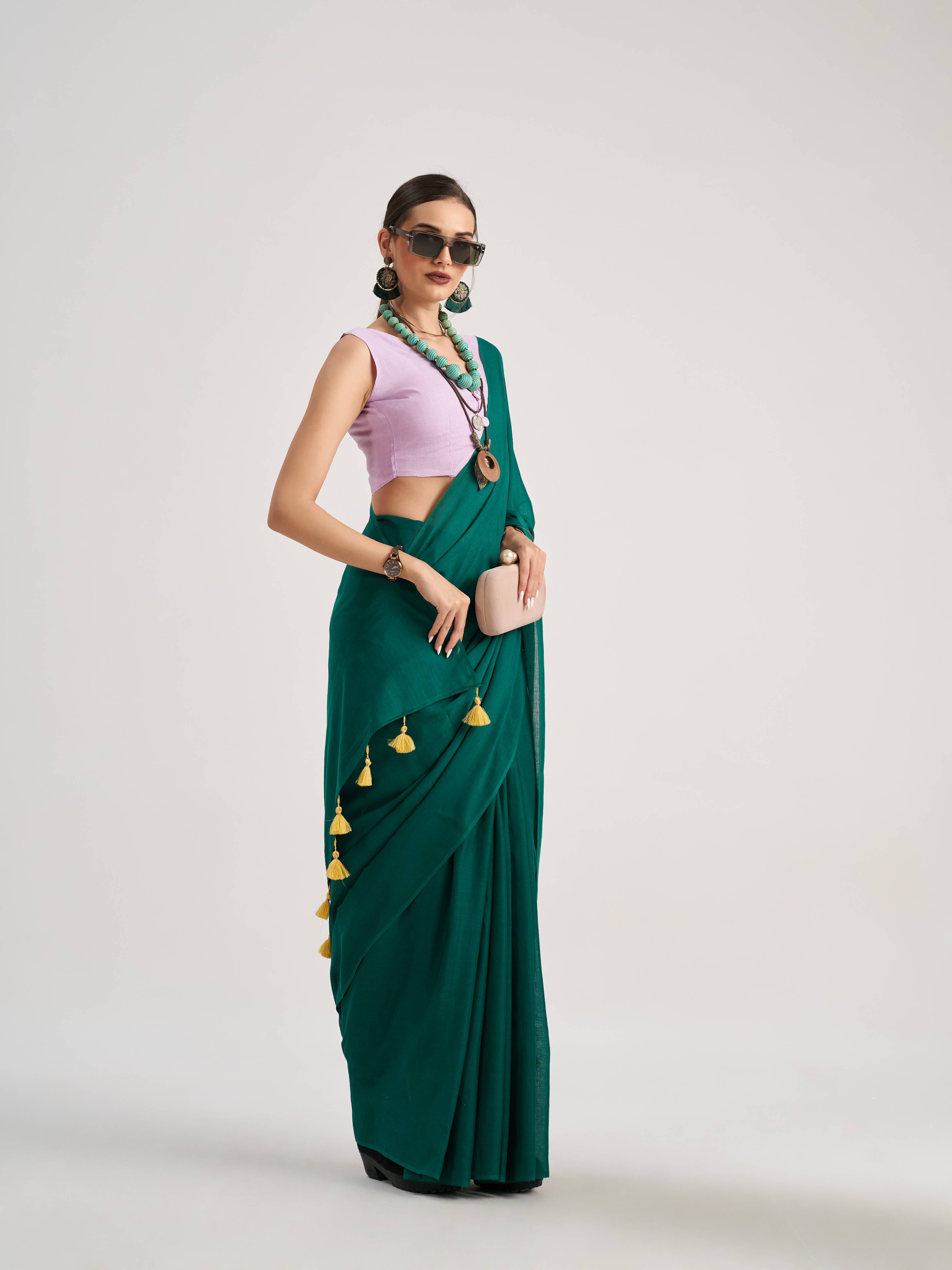 BOTTLE GREEN VISCOSE MUL SOLID SAREE