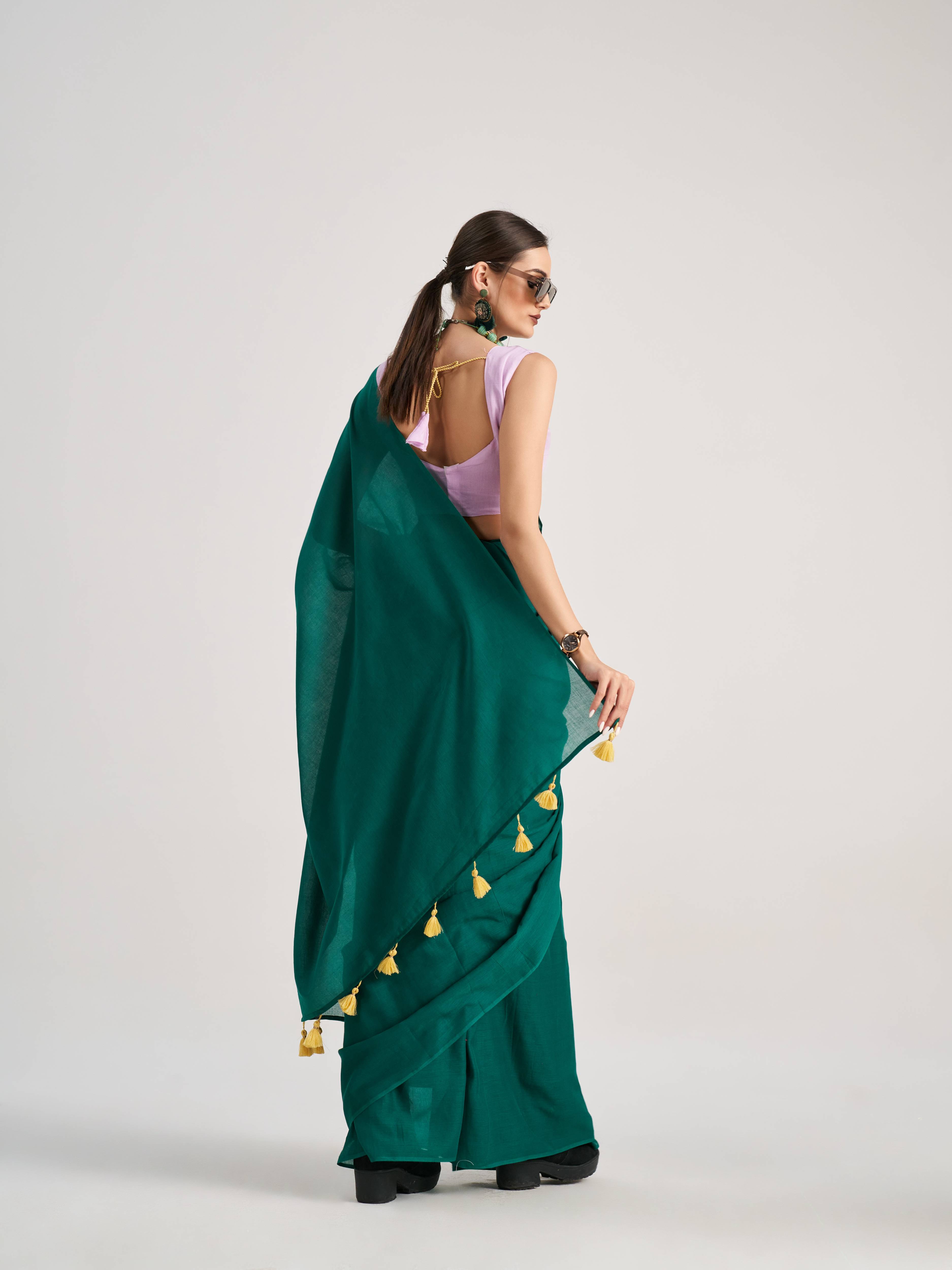 BOTTLE GREEN VISCOSE MUL SOLID SAREE
