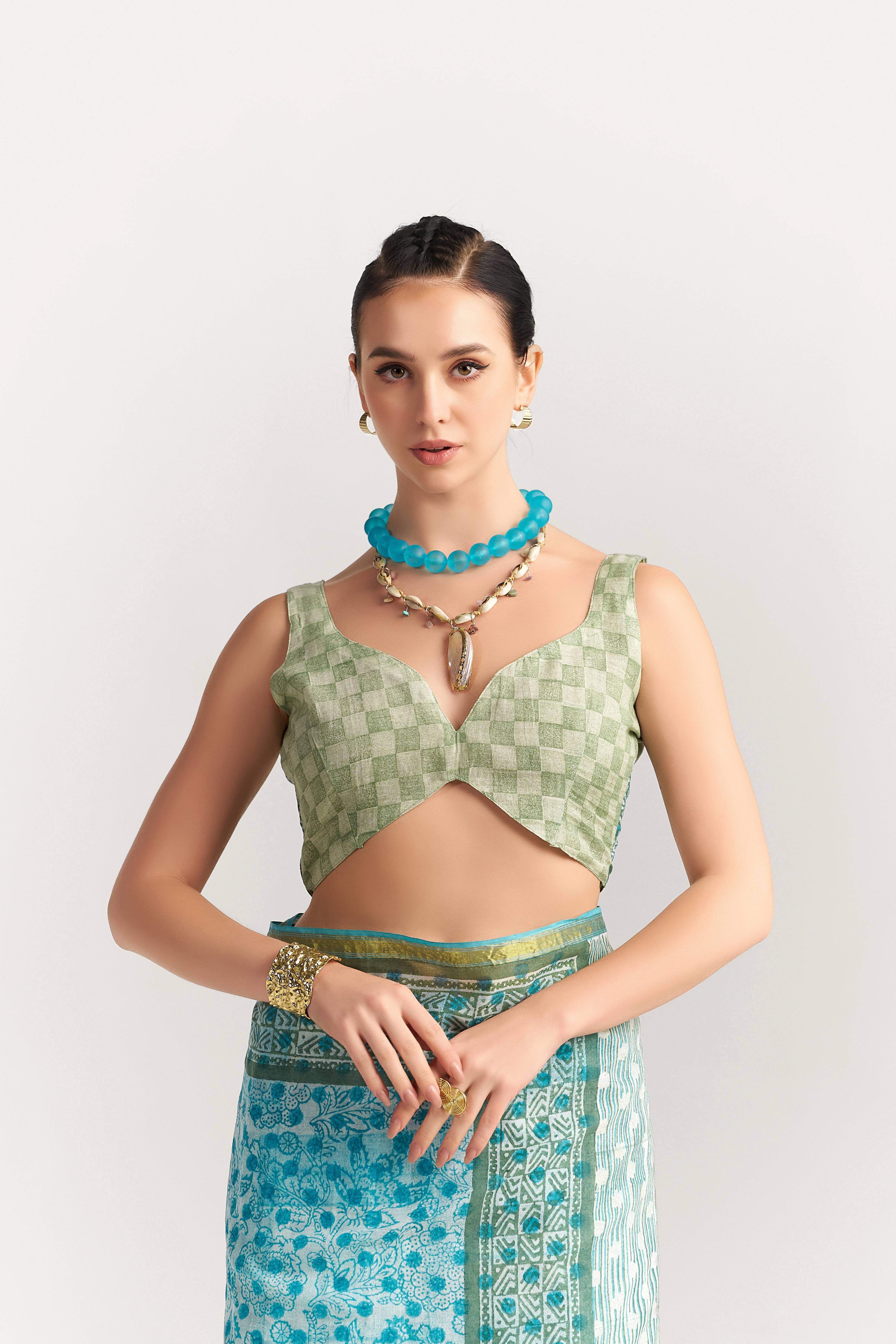 DEEP SKY BLUE VISCOSE MUL BLOCK PRINTED SAREE