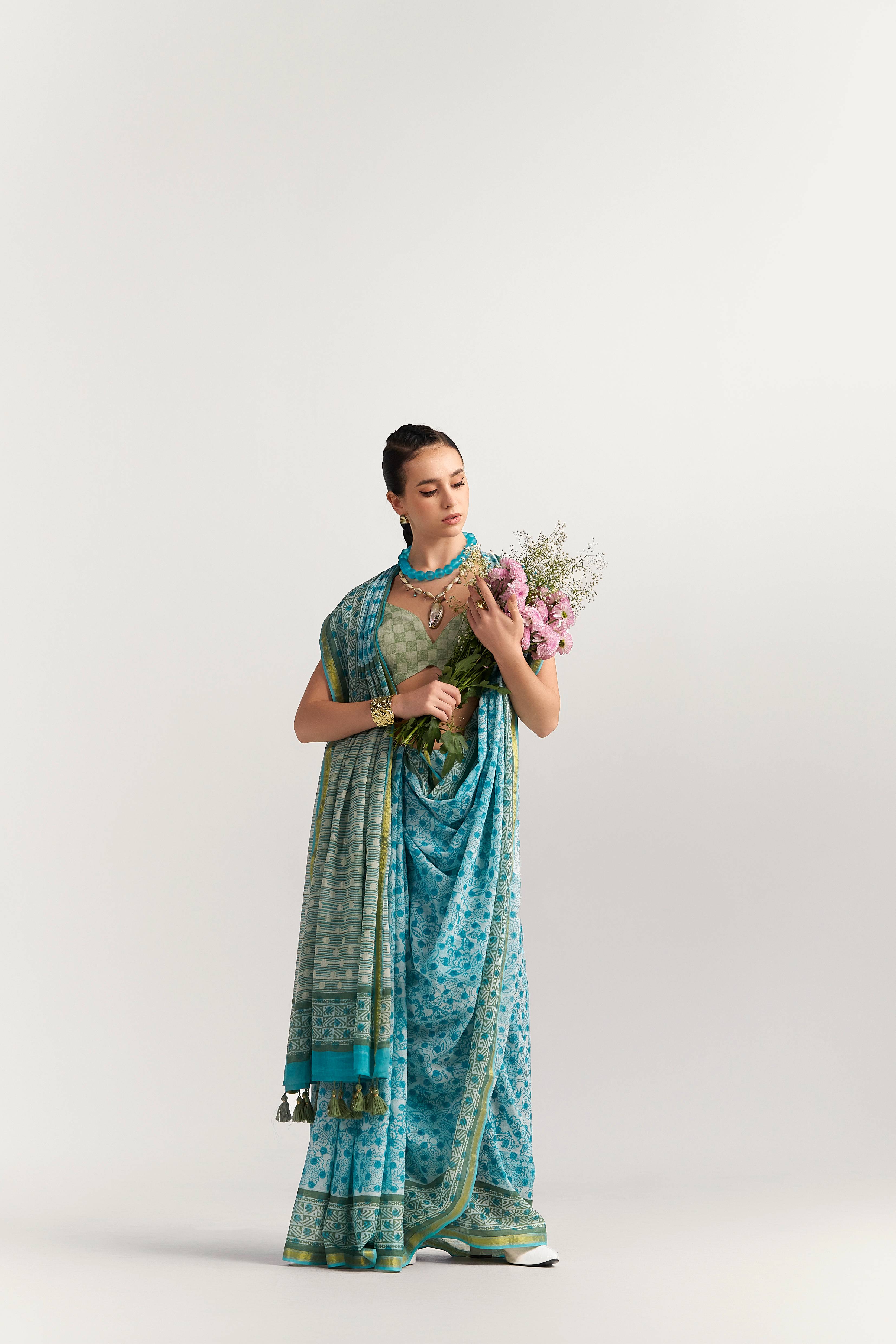 DEEP SKY BLUE VISCOSE MUL BLOCK PRINTED SAREE
