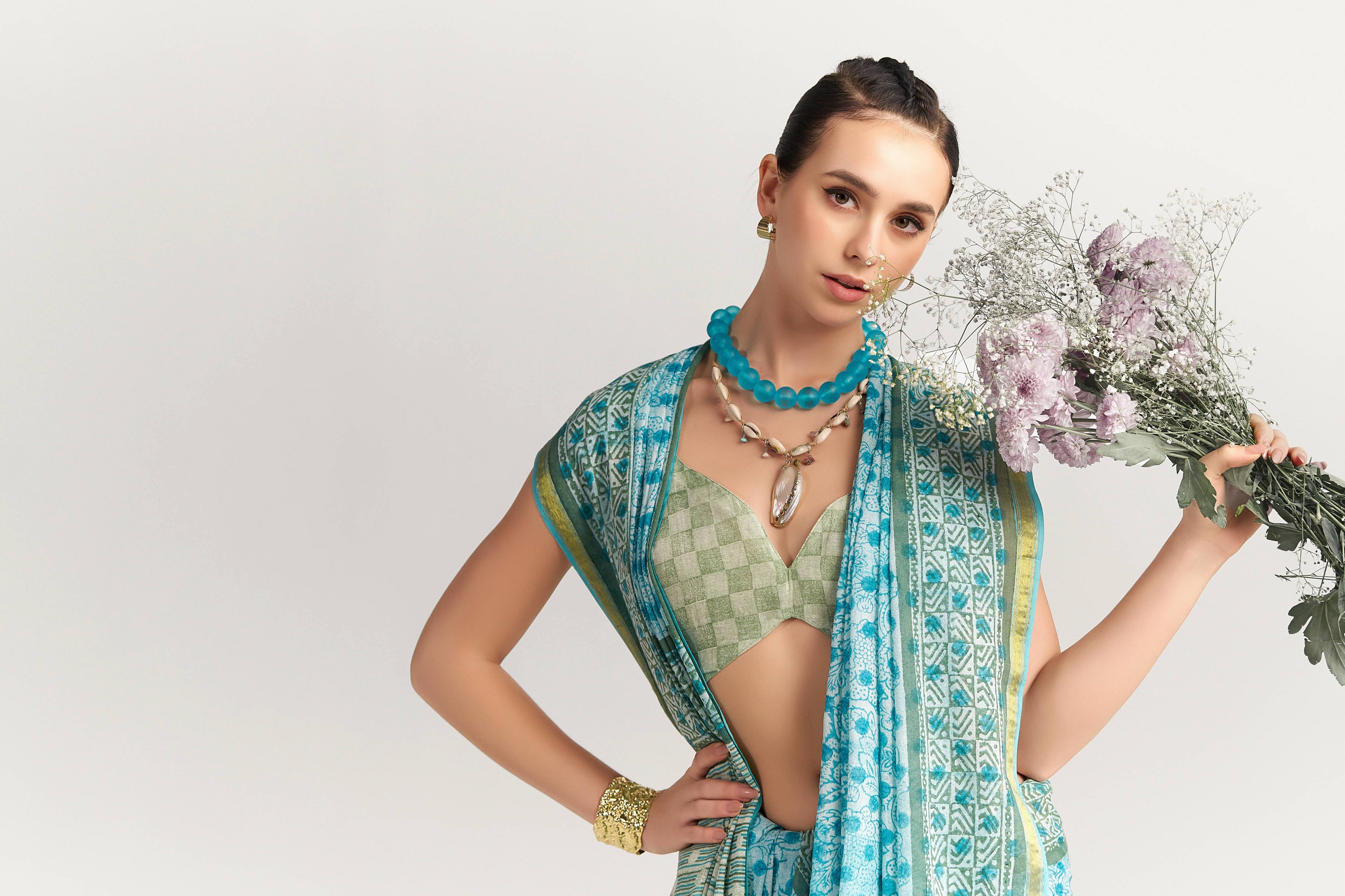 DEEP SKY BLUE VISCOSE MUL BLOCK PRINTED SAREE