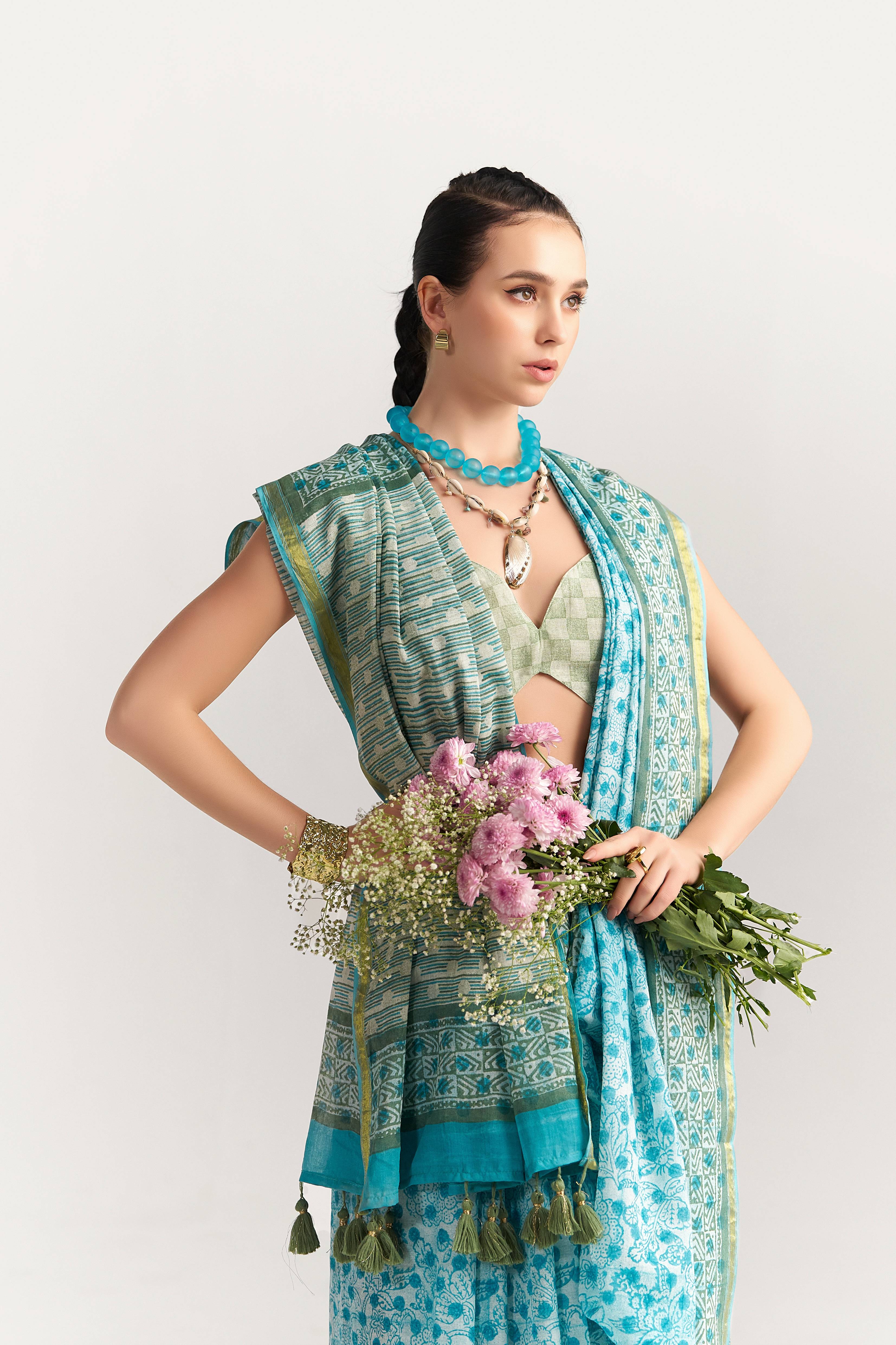 DEEP SKY BLUE VISCOSE MUL BLOCK PRINTED SAREE