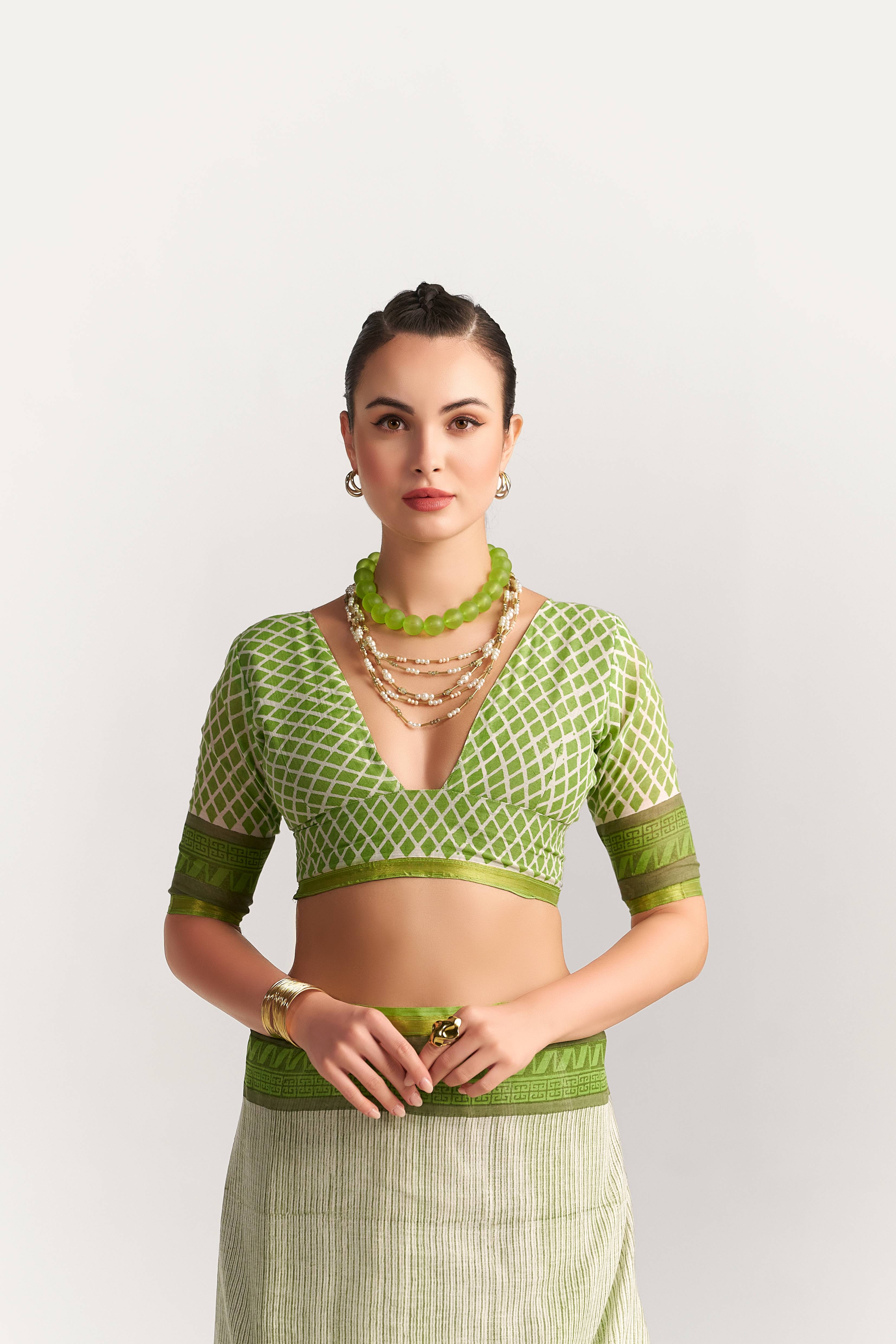 DARK GREEN VISCOSE MUL BLOCK PRINTED SAREE