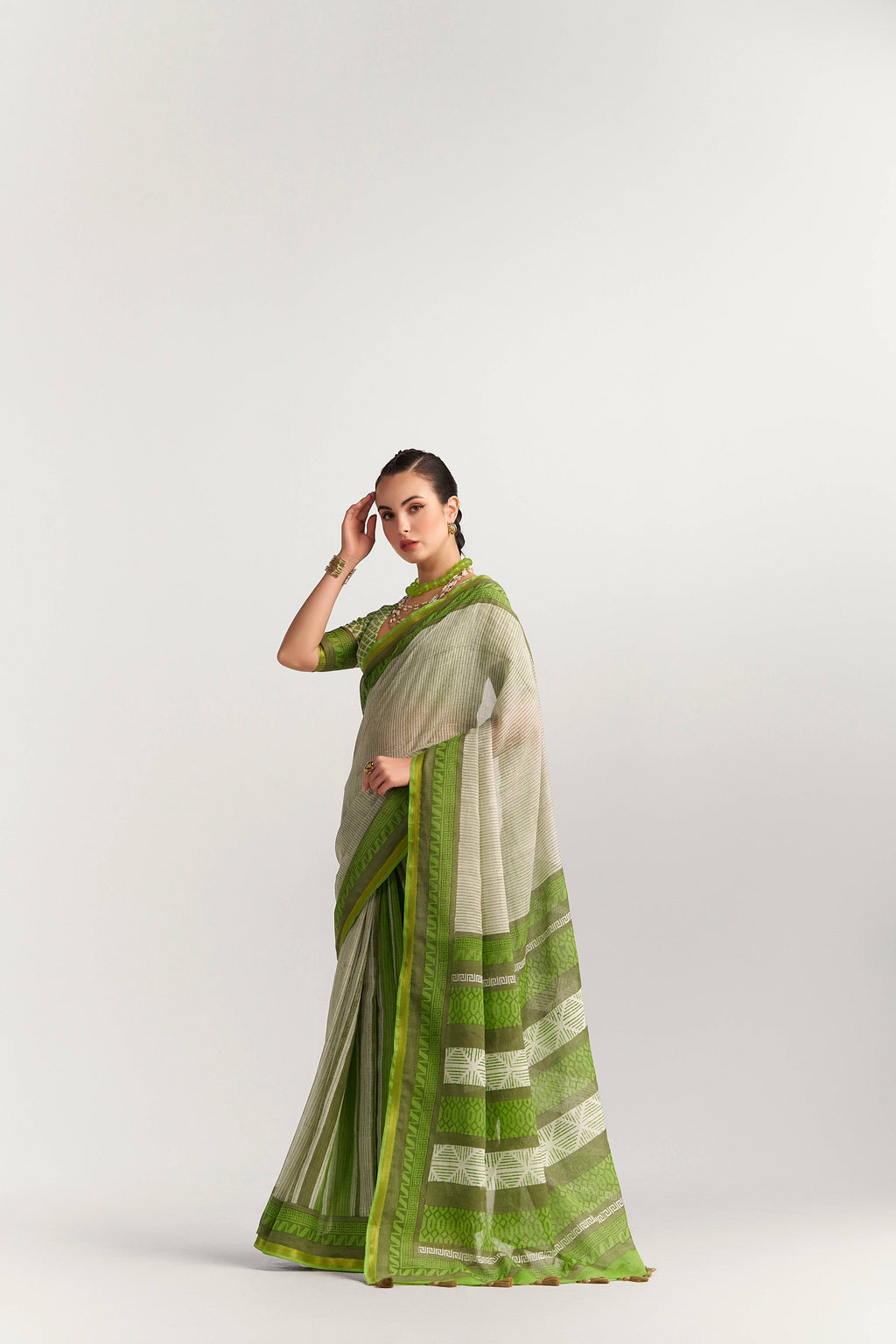 DARK GREEN VISCOSE MUL BLOCK PRINTED SAREE