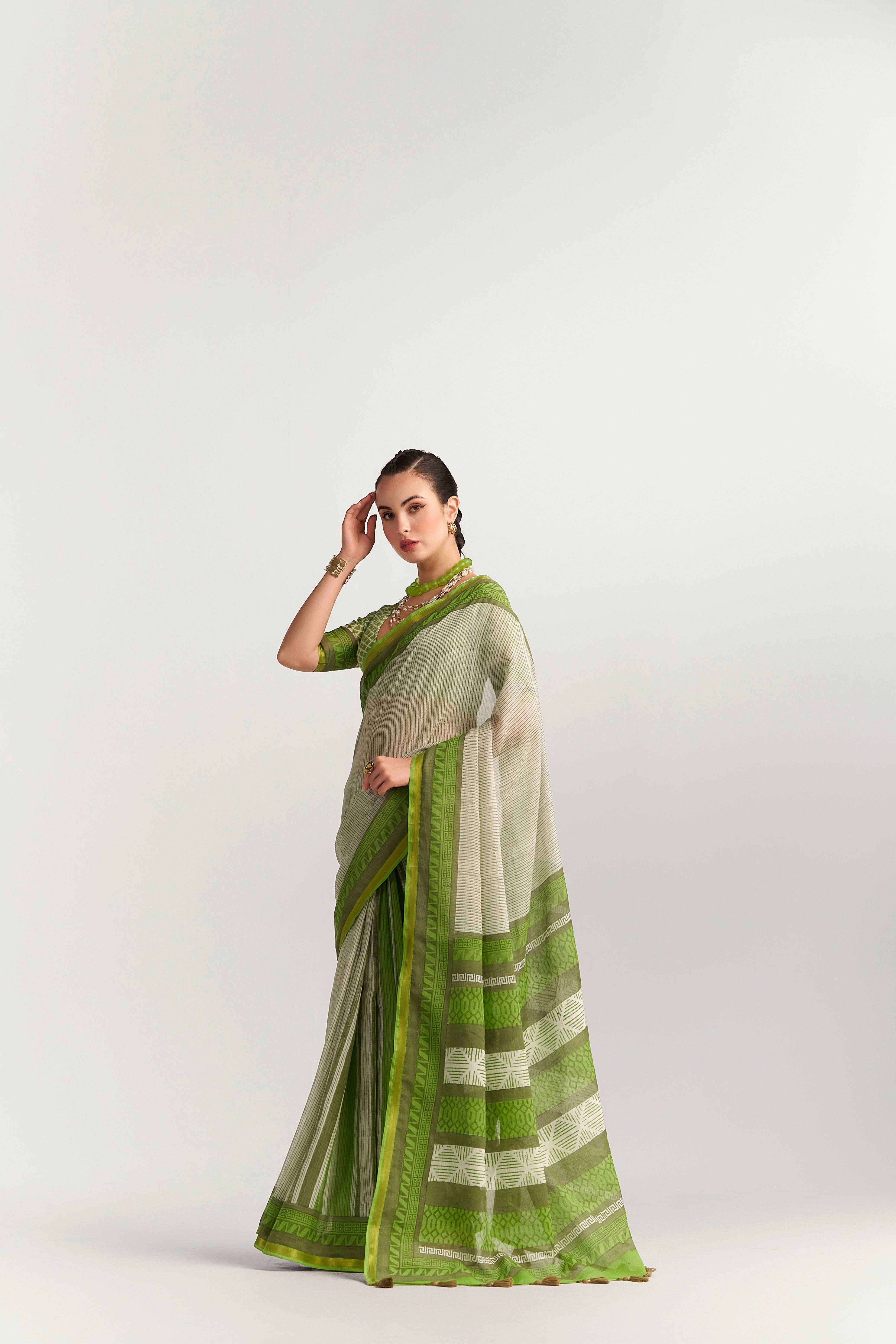 DARK GREEN VISCOSE MUL BLOCK PRINTED SAREE