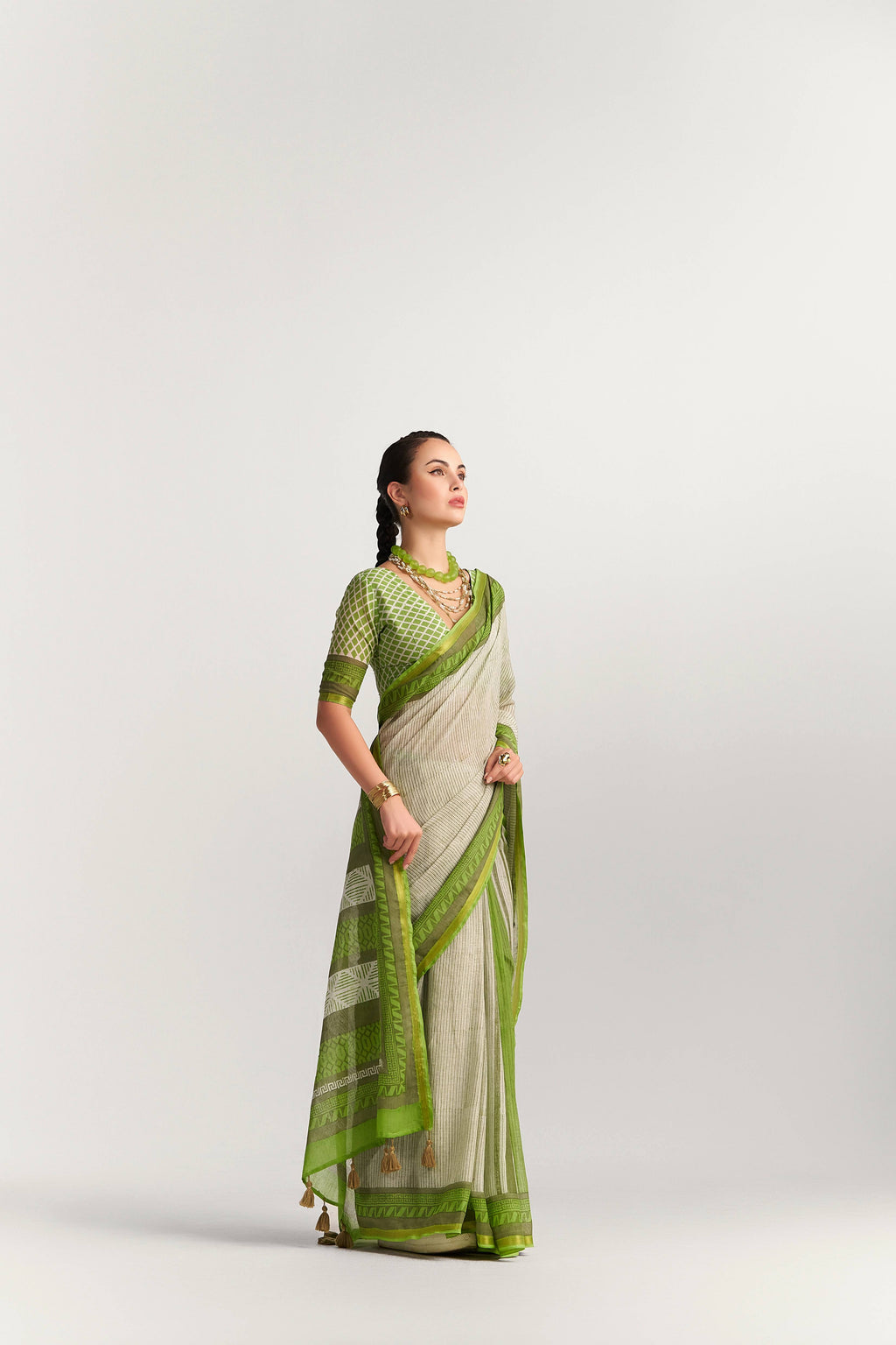 DARK GREEN VISCOSE MUL BLOCK PRINTED SAREE