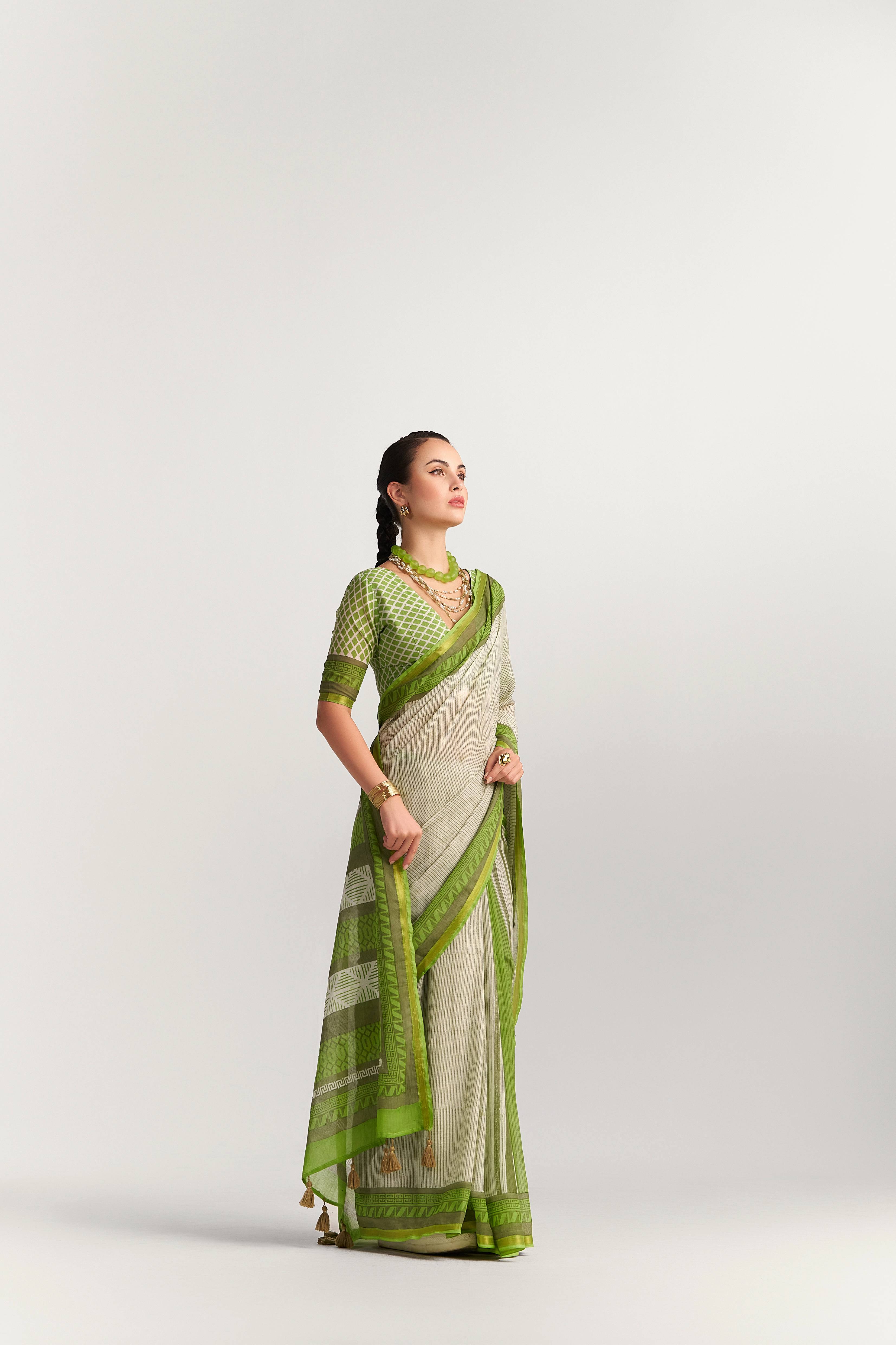DARK GREEN VISCOSE MUL BLOCK PRINTED SAREE