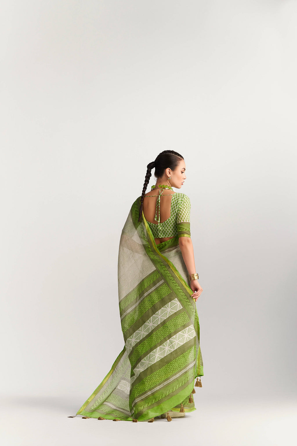 DARK GREEN VISCOSE MUL BLOCK PRINTED SAREE