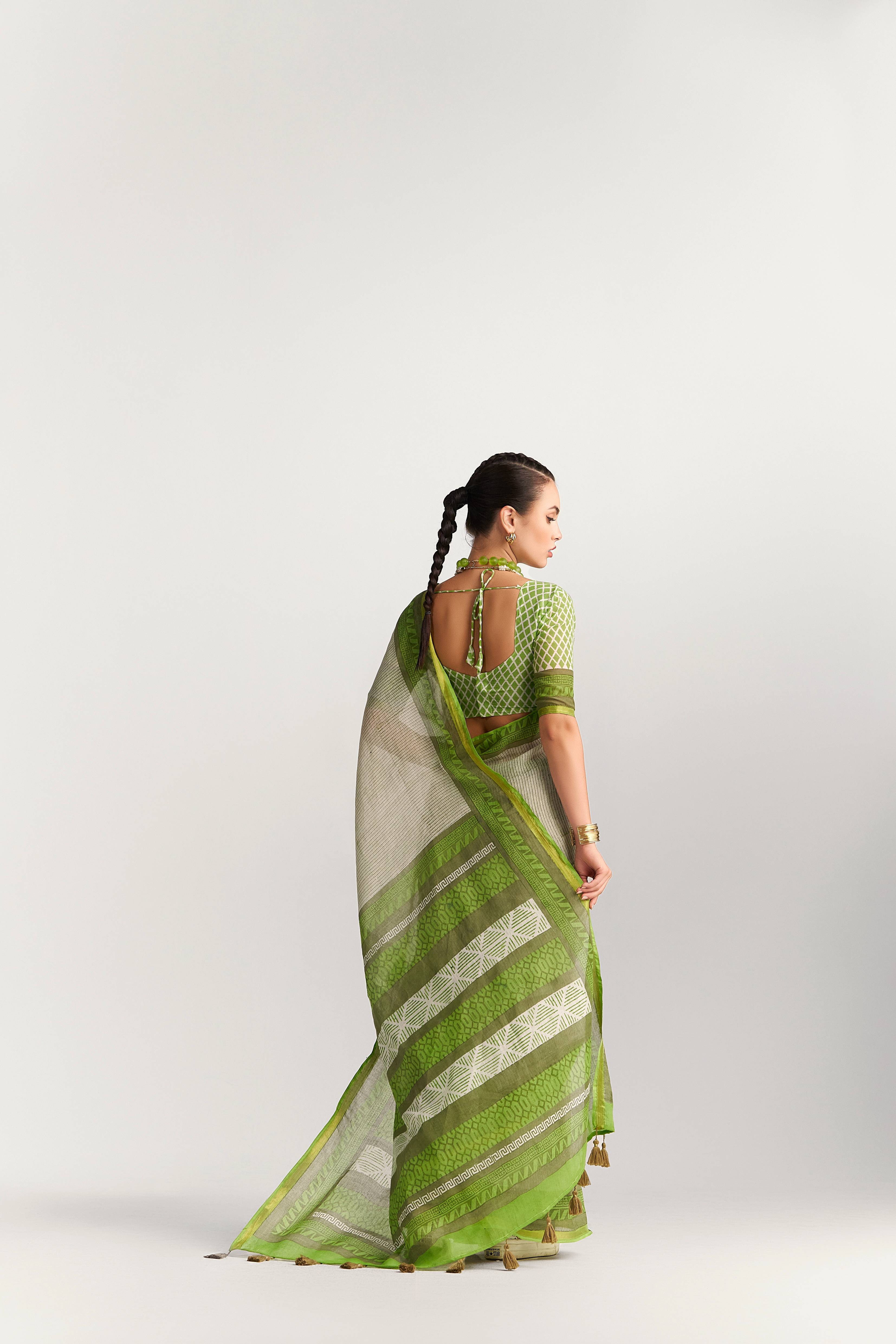 DARK GREEN VISCOSE MUL BLOCK PRINTED SAREE