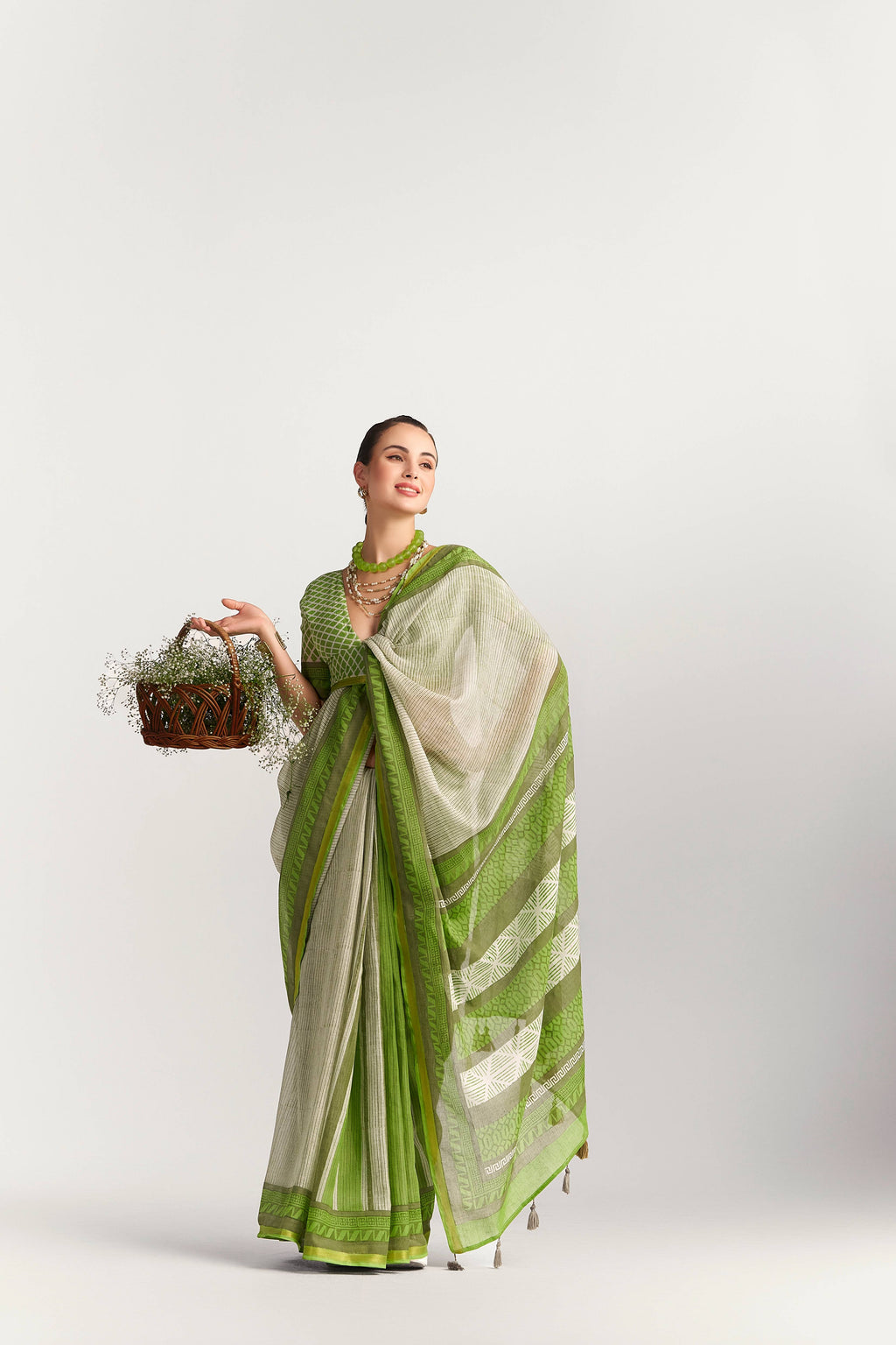 DARK GREEN VISCOSE MUL BLOCK PRINTED SAREE