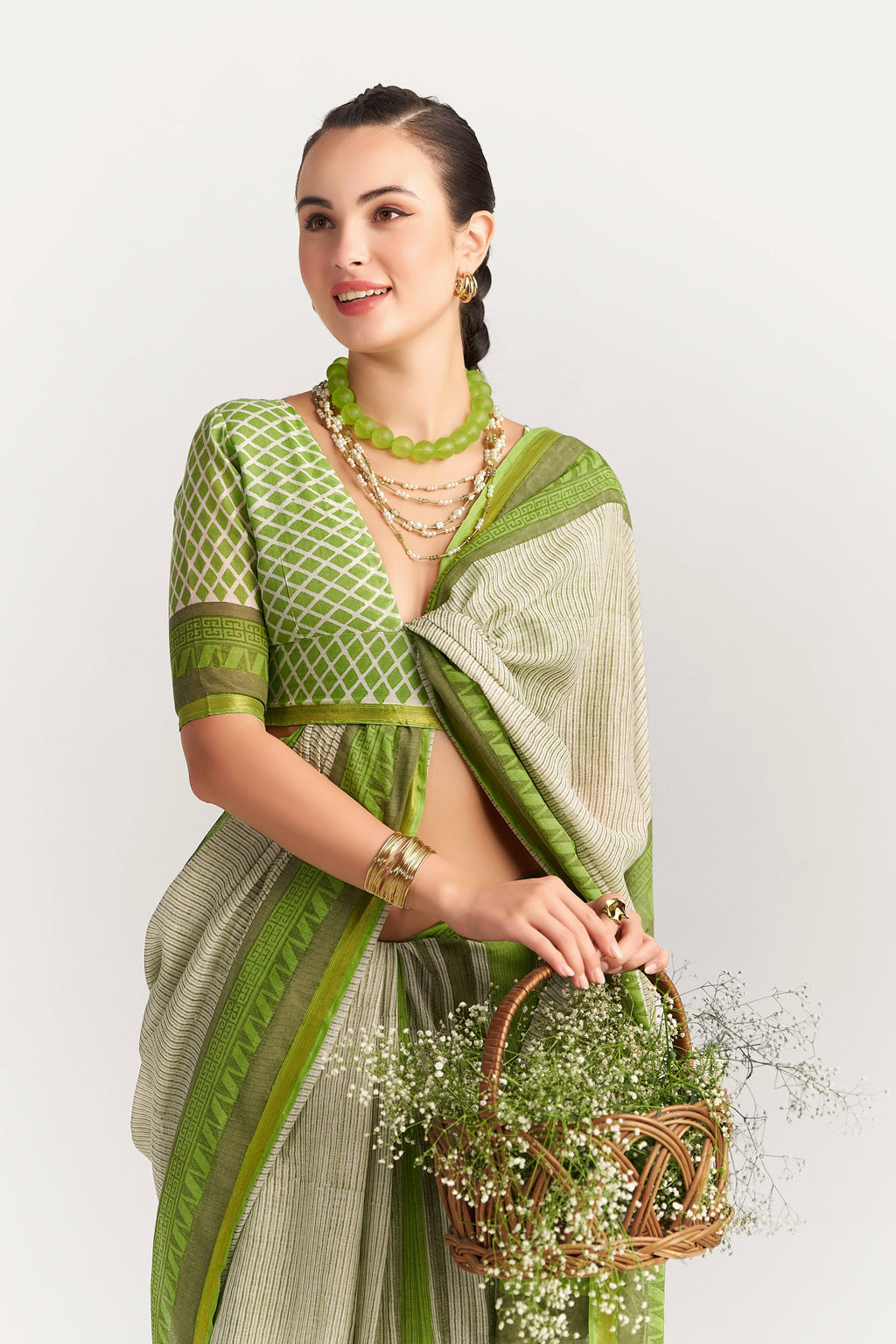 DARK GREEN VISCOSE MUL BLOCK PRINTED SAREE