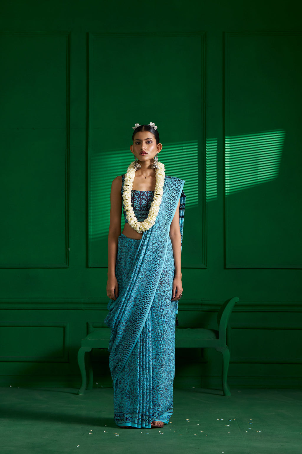 AQUA BLUE VISCOSE MUL BAGH PRINT SAREE