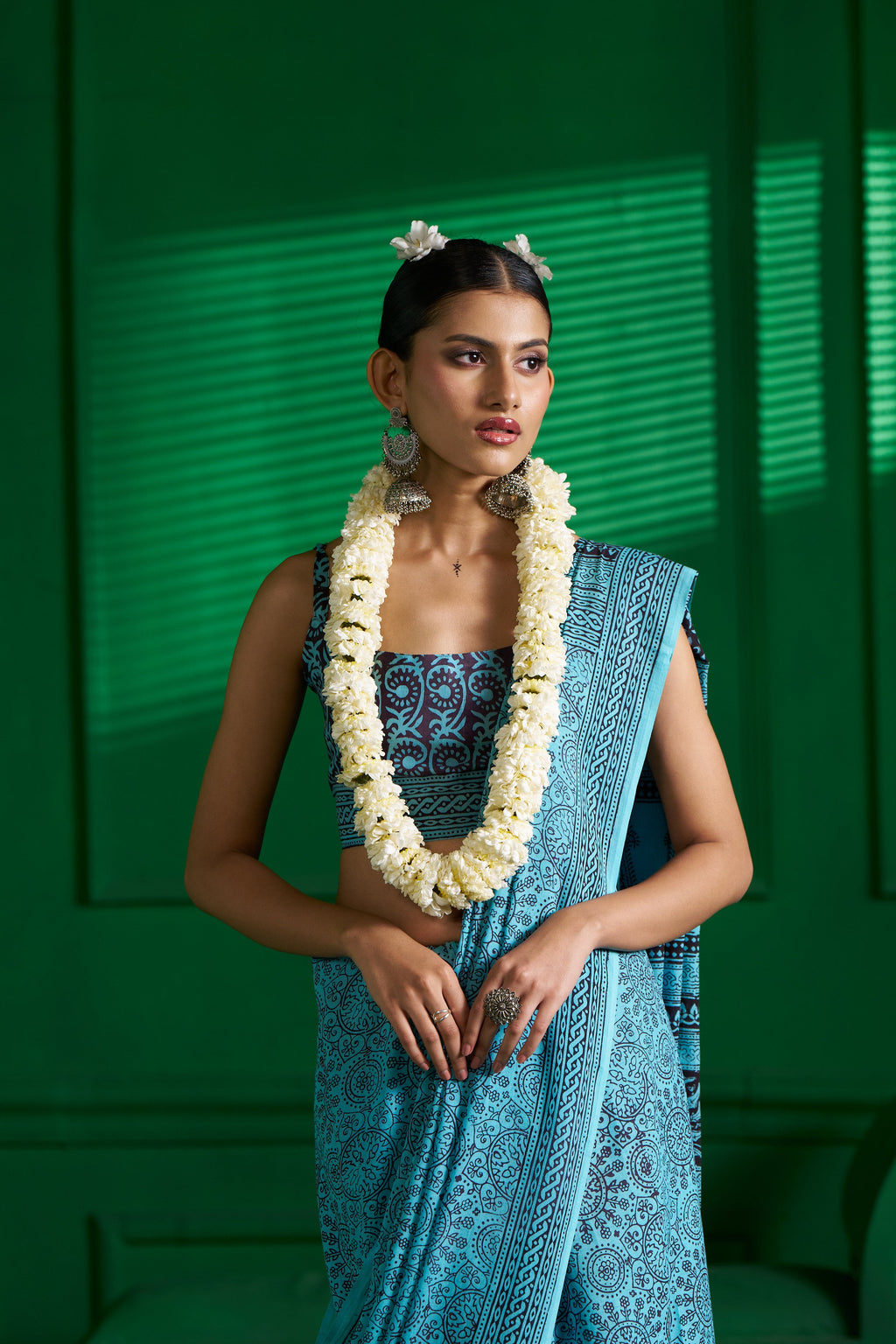 AQUA BLUE VISCOSE MUL BAGH PRINT SAREE