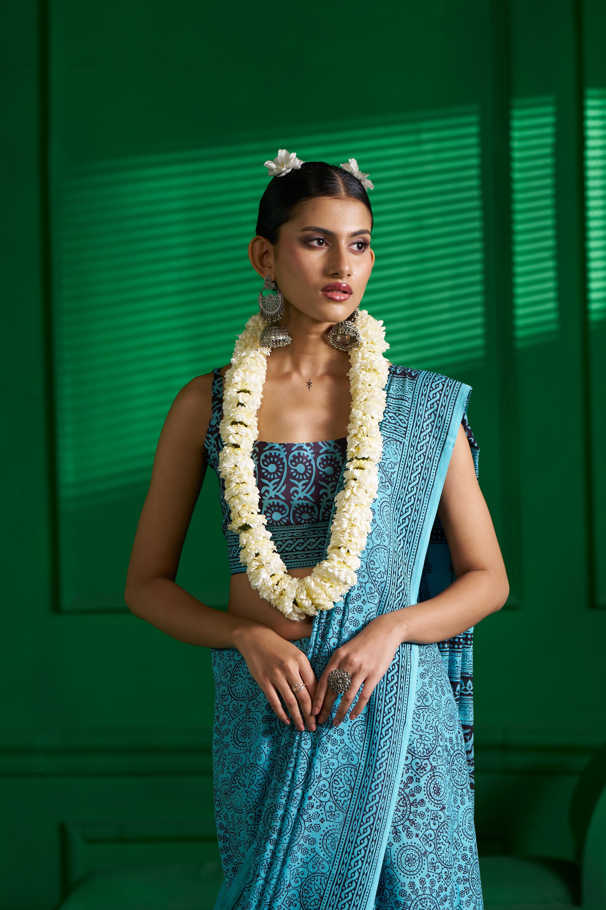 AQUA BLUE VISCOSE MUL BAGH PRINT SAREE