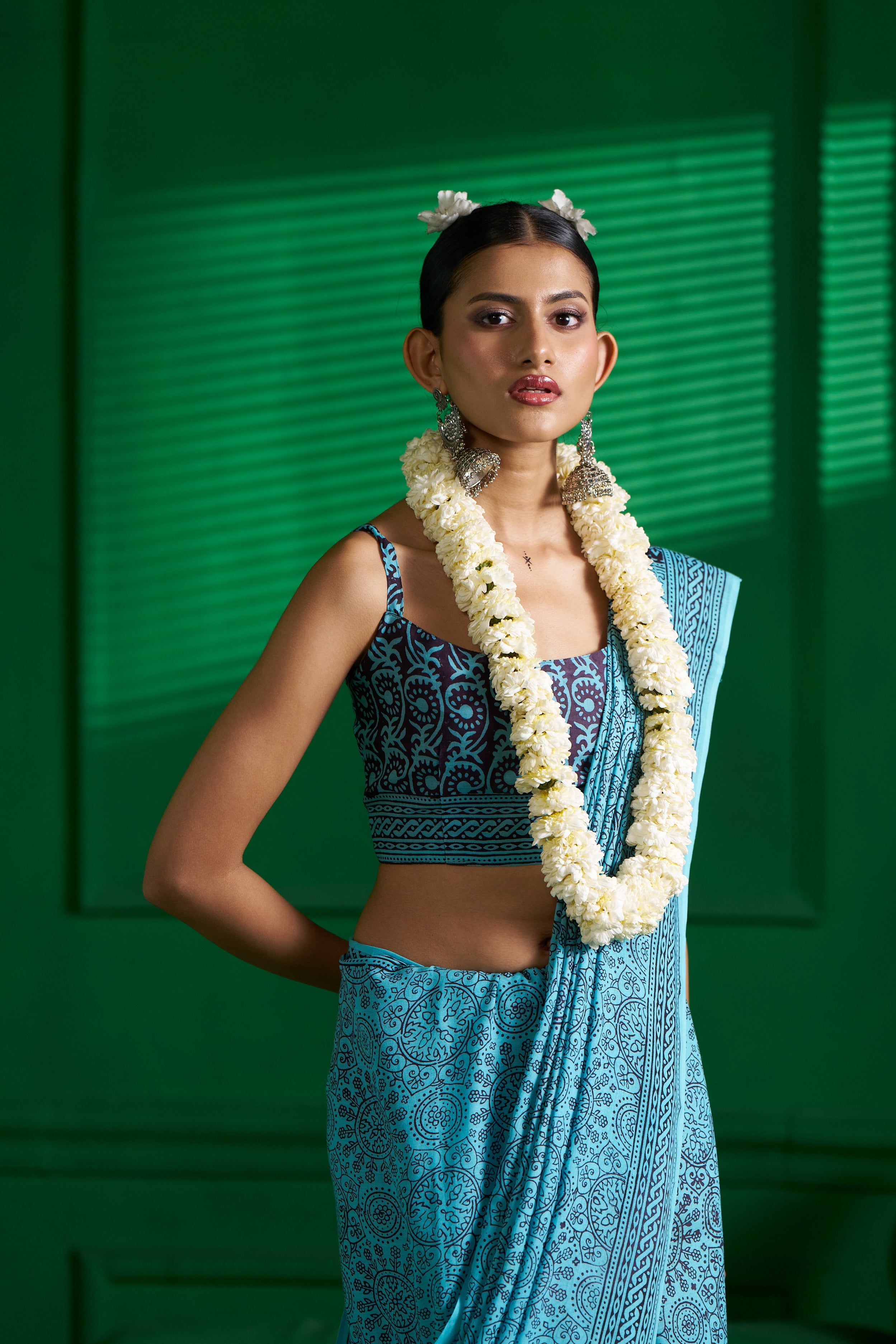 AQUA BLUE VISCOSE MUL BAGH PRINT SAREE