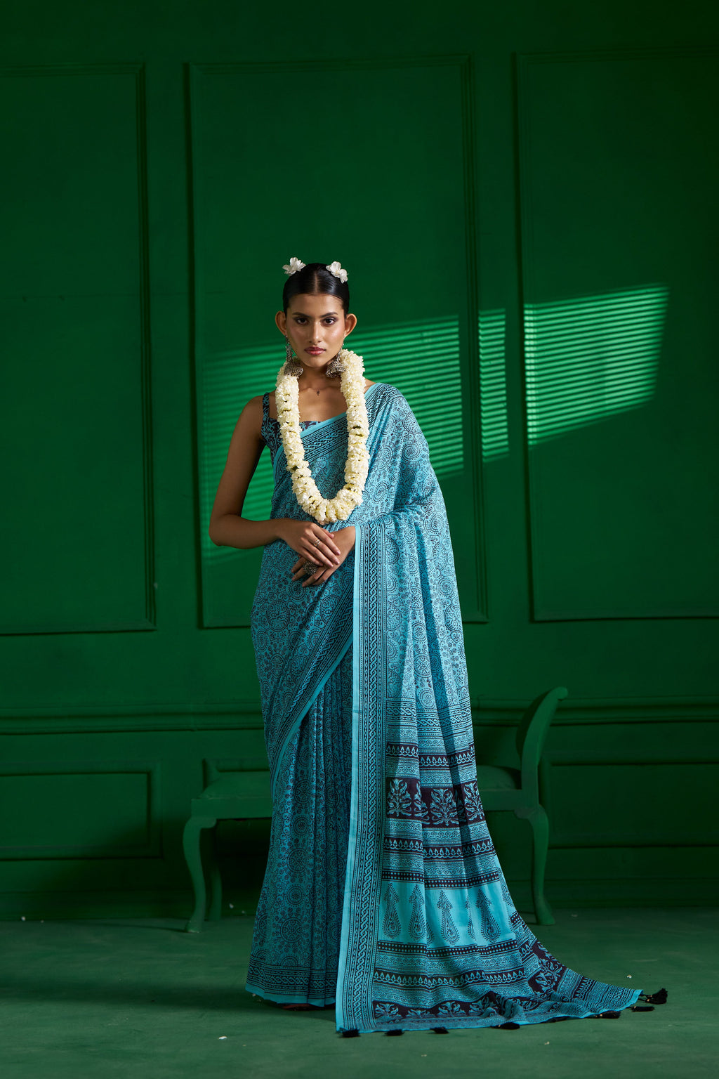 AQUA BLUE VISCOSE MUL BAGH PRINT SAREE