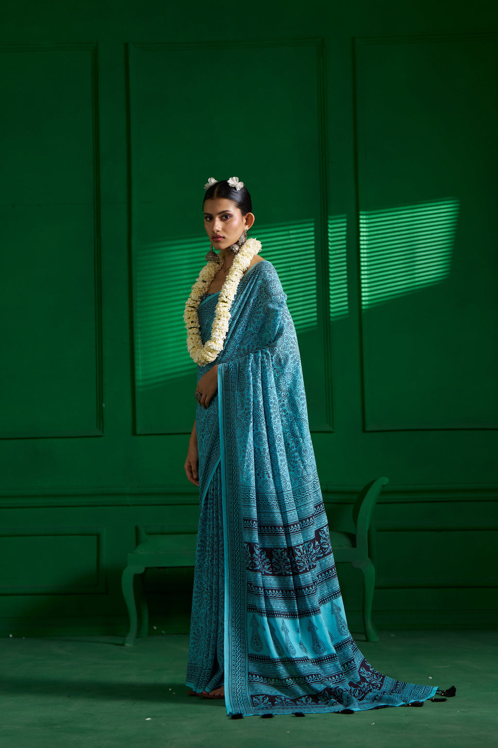 AQUA BLUE VISCOSE MUL BAGH PRINT SAREE