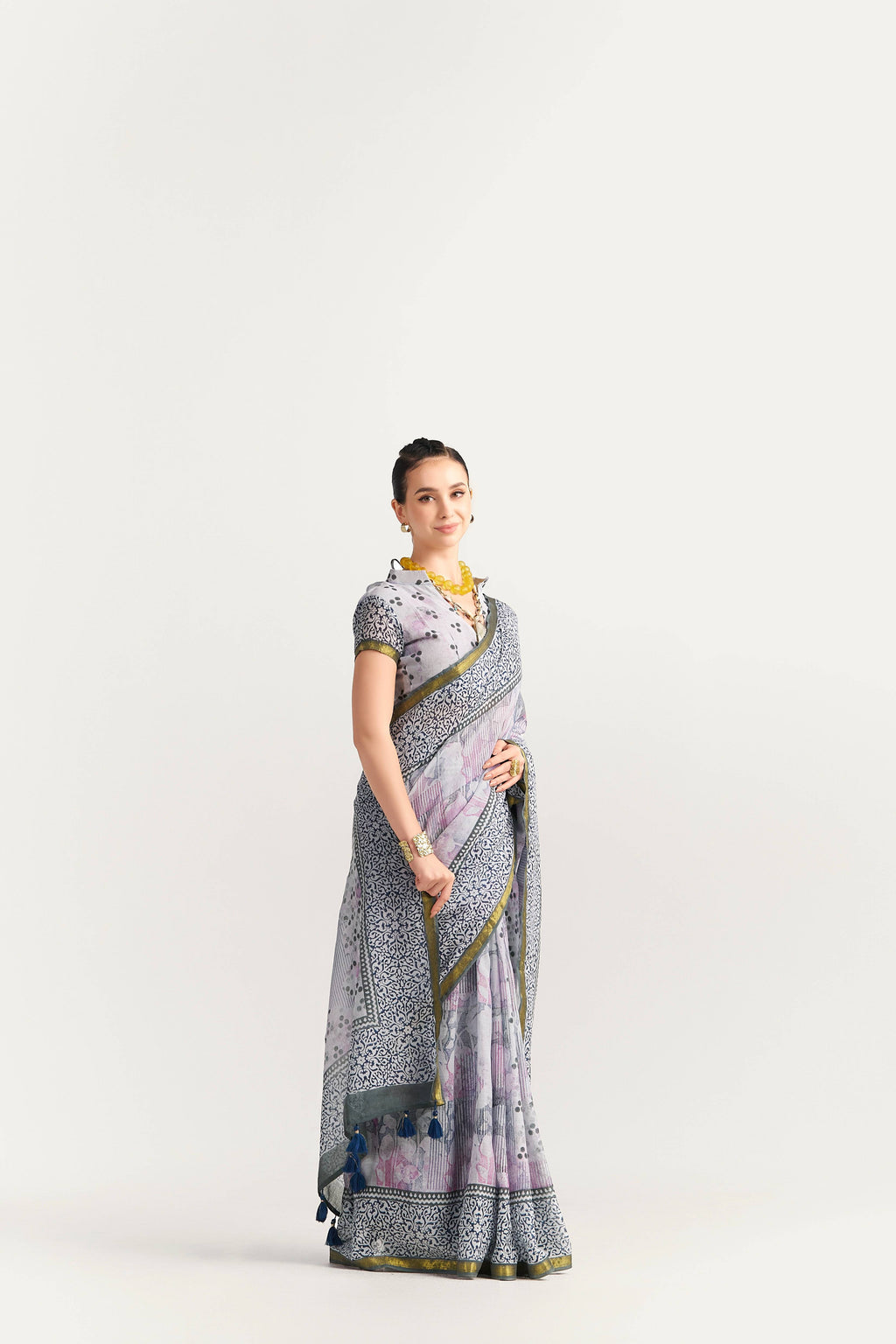BLACK & GRAY SHADE VISCOSE MUL BLOCK PRINTED SAREE