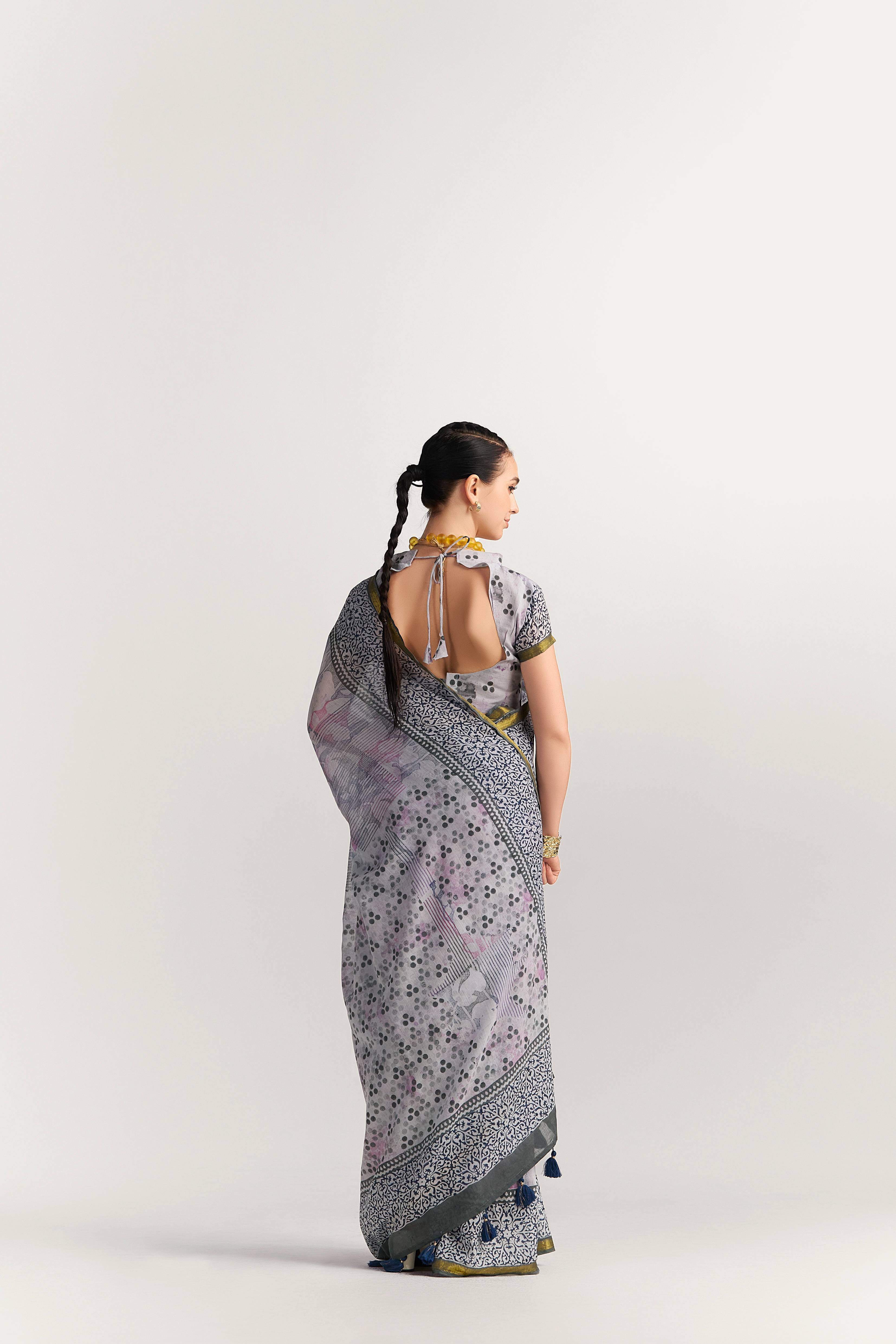 BLACK & GRAY SHADE VISCOSE MUL BLOCK PRINTED SAREE