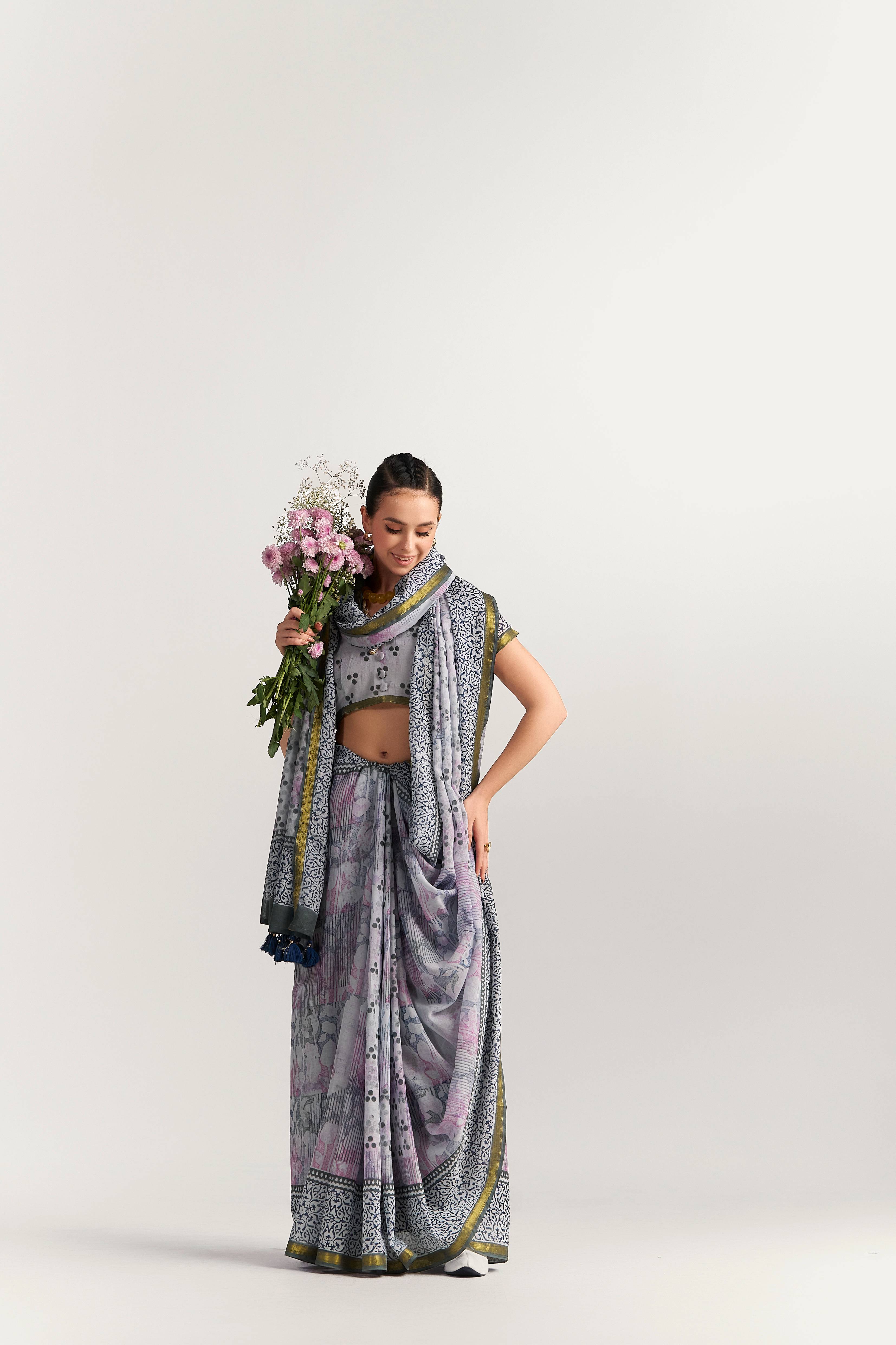 BLACK & GRAY SHADE VISCOSE MUL BLOCK PRINTED SAREE