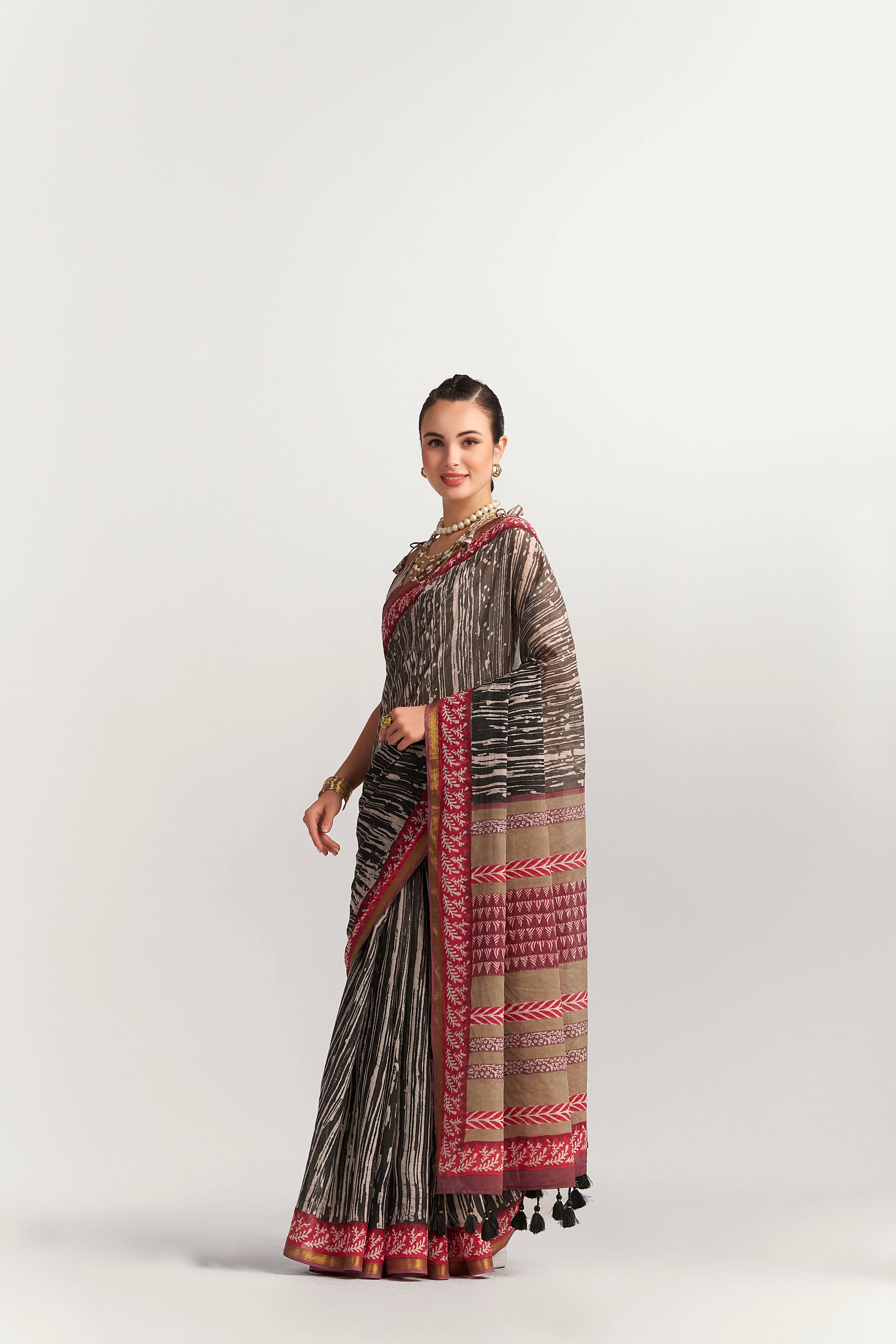 BLACK & RED SHADE VISCOSE MUL BLOCK PRINTED SAREE