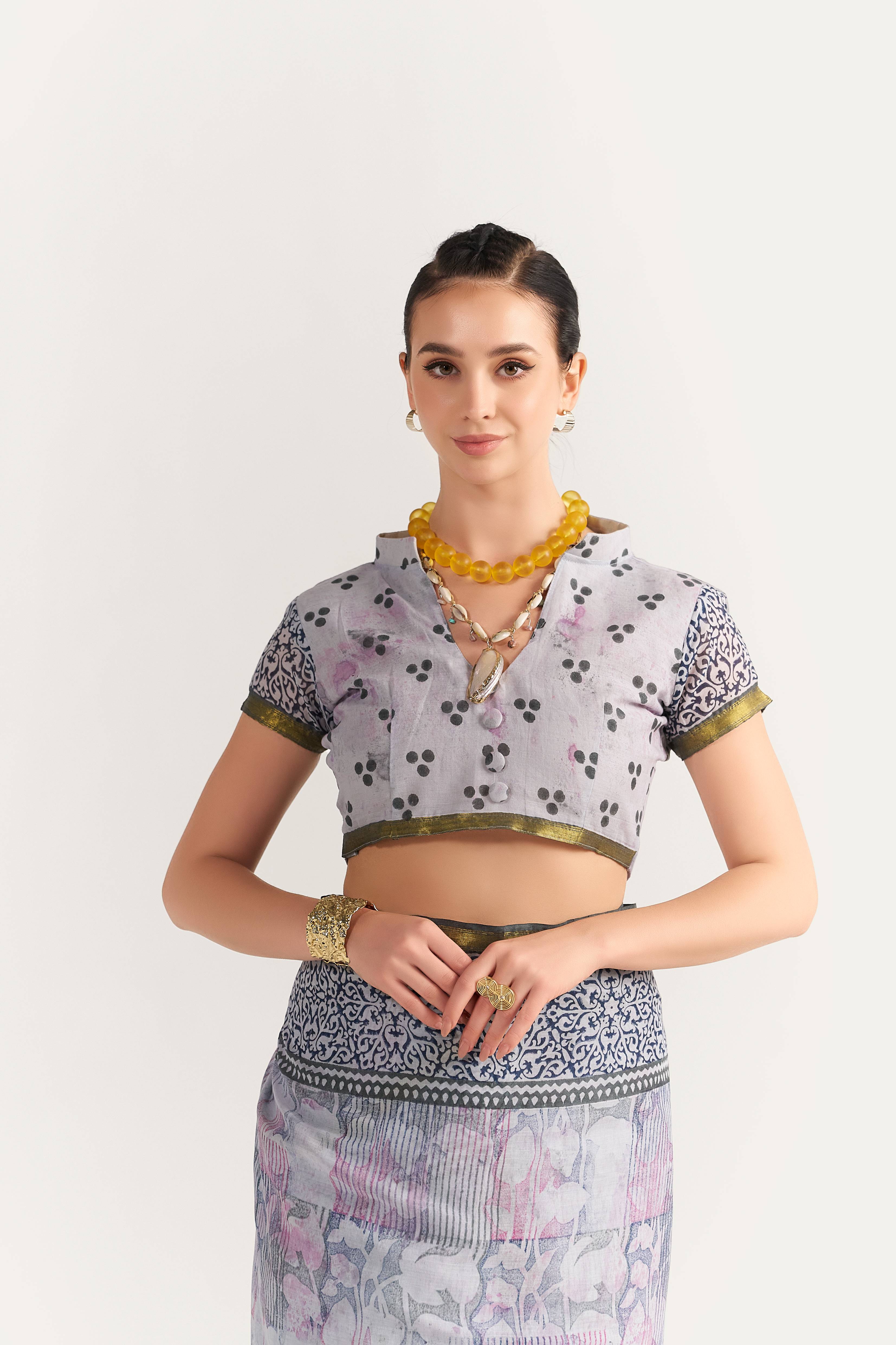 BLACK & GRAY SHADE VISCOSE MUL BLOCK PRINTED SAREE