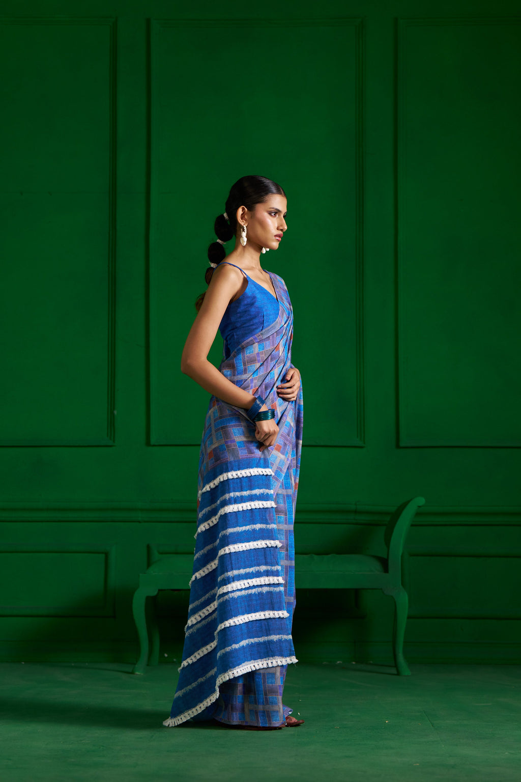 BRIGHT BLUE CHECKS VISCOSE MUL DENIM SAREE