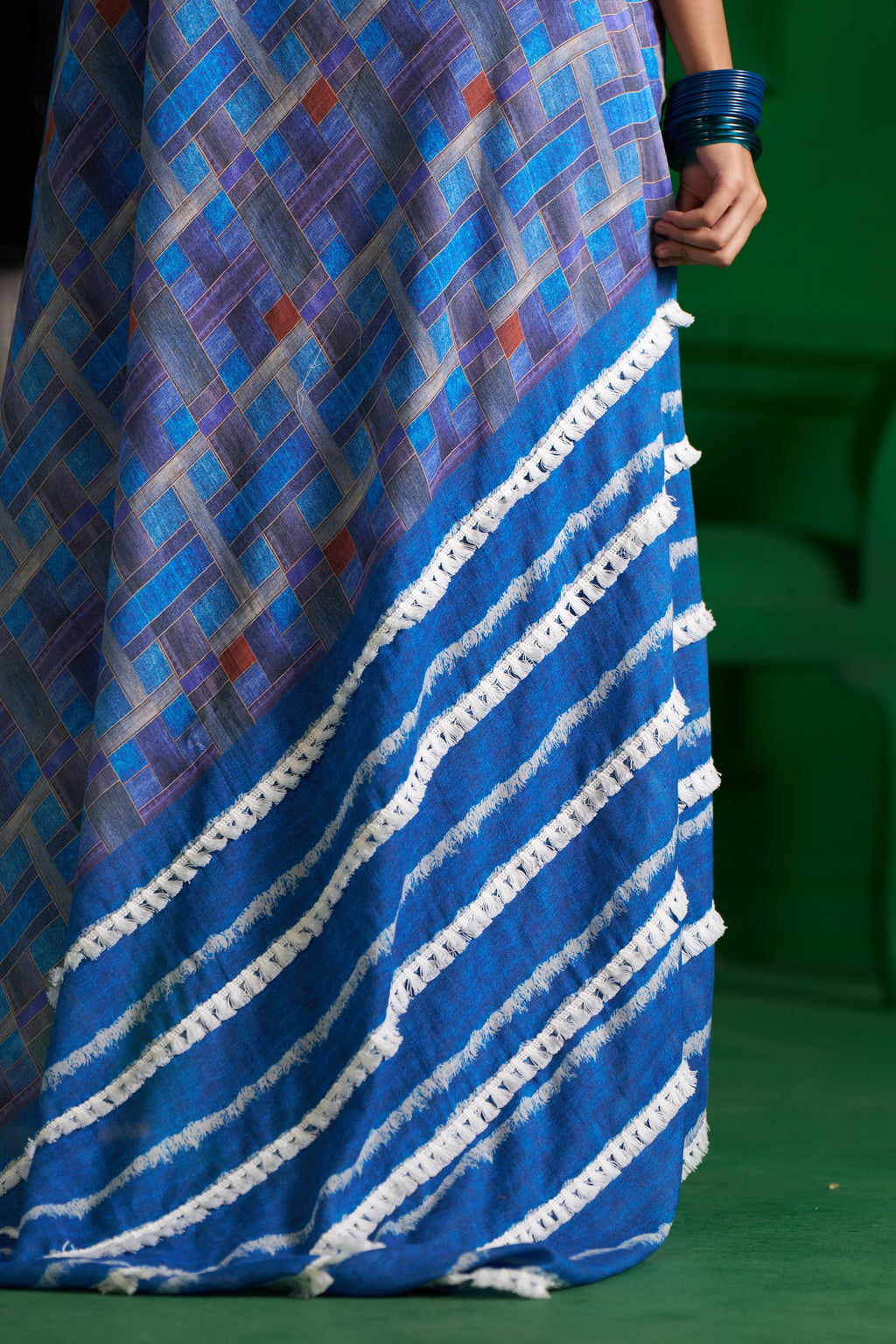 BRIGHT BLUE CHECKS VISCOSE MUL DENIM SAREE