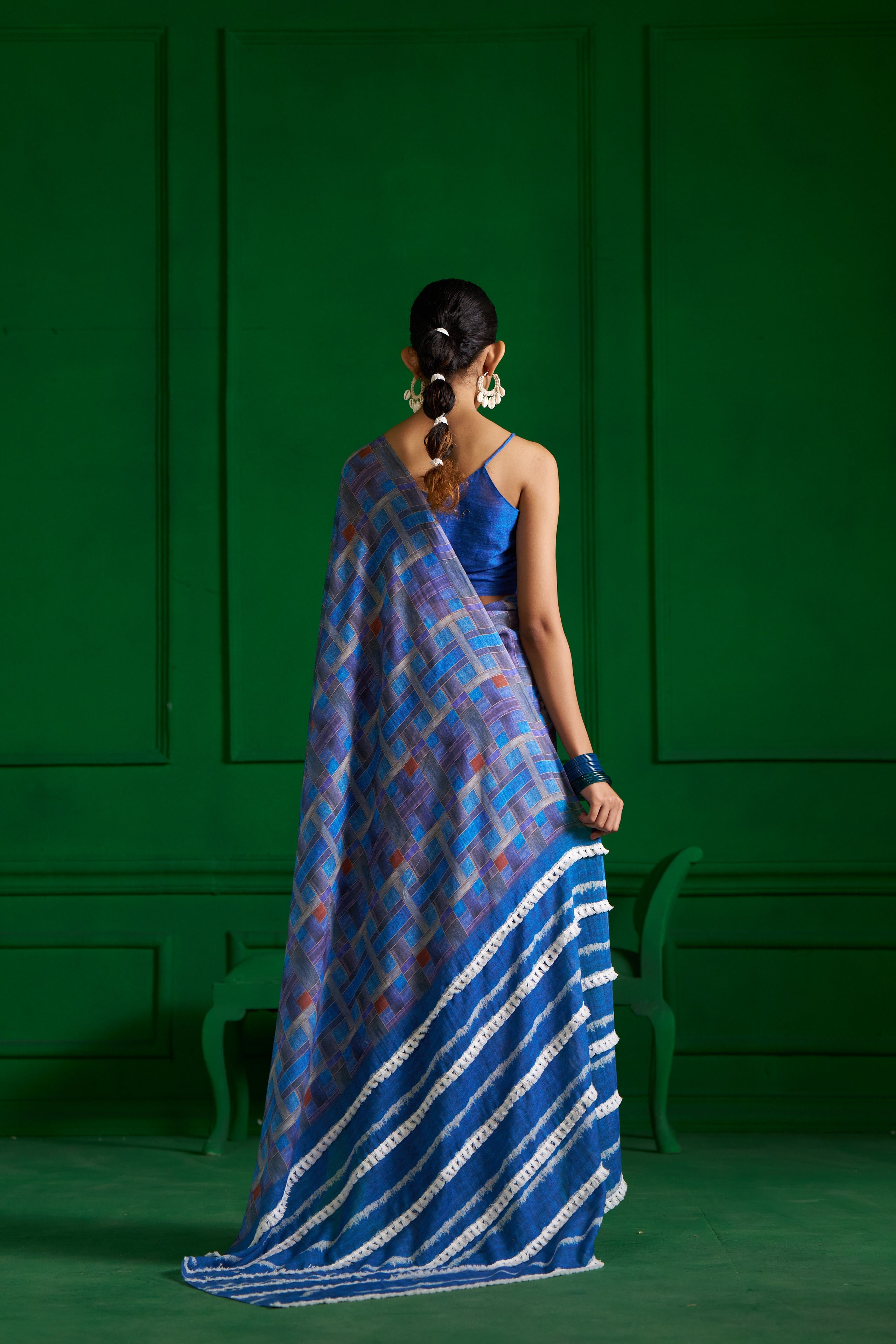 BRIGHT BLUE CHECKS VISCOSE MUL DENIM SAREE