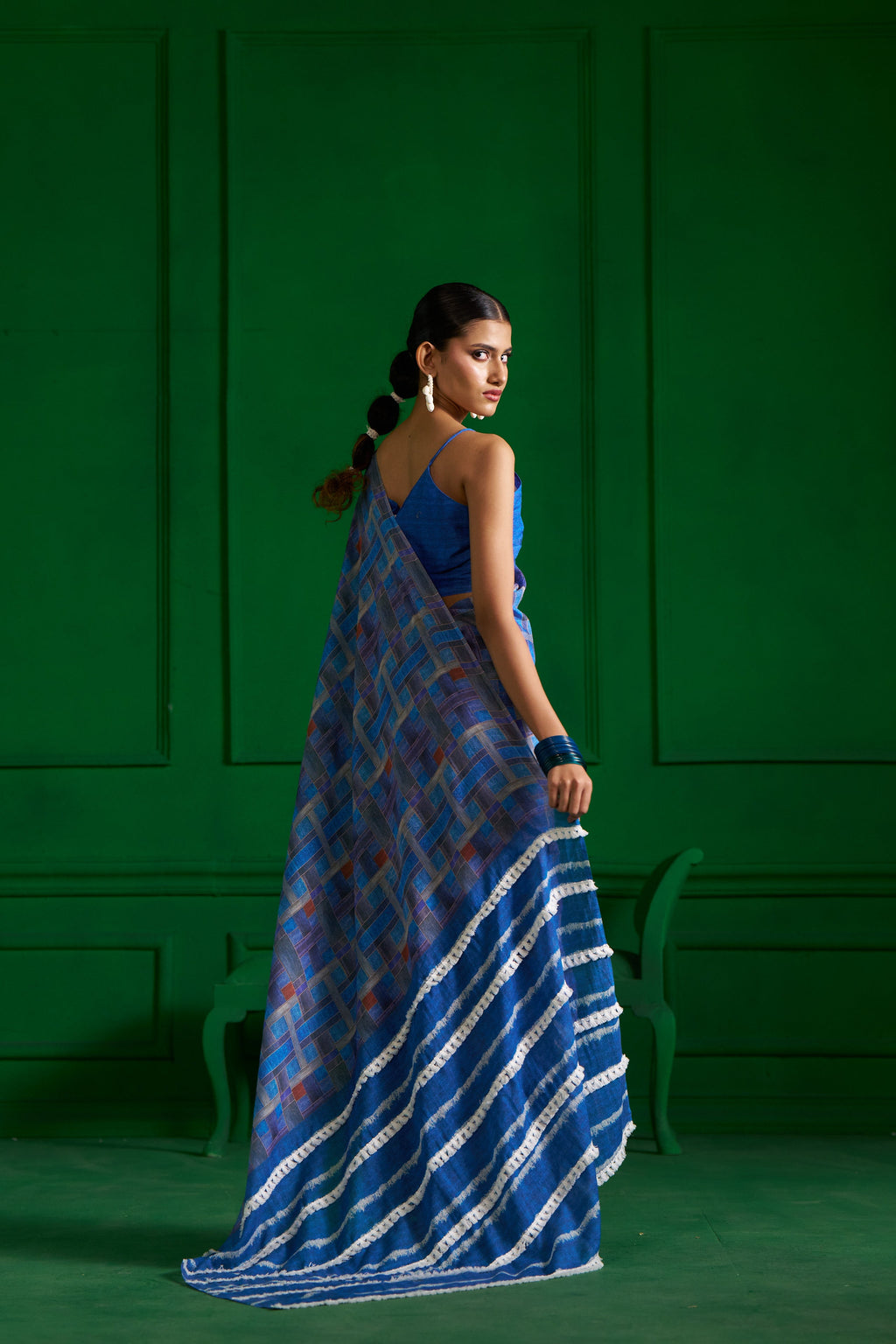 BRIGHT BLUE CHECKS VISCOSE MUL DENIM SAREE