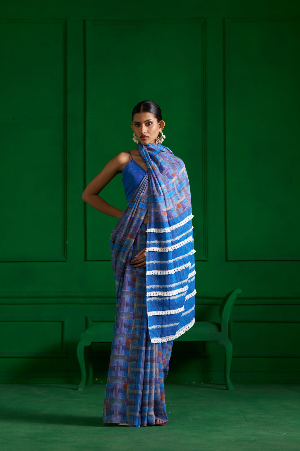 BRIGHT BLUE CHECKS VISCOSE MUL DENIM SAREE