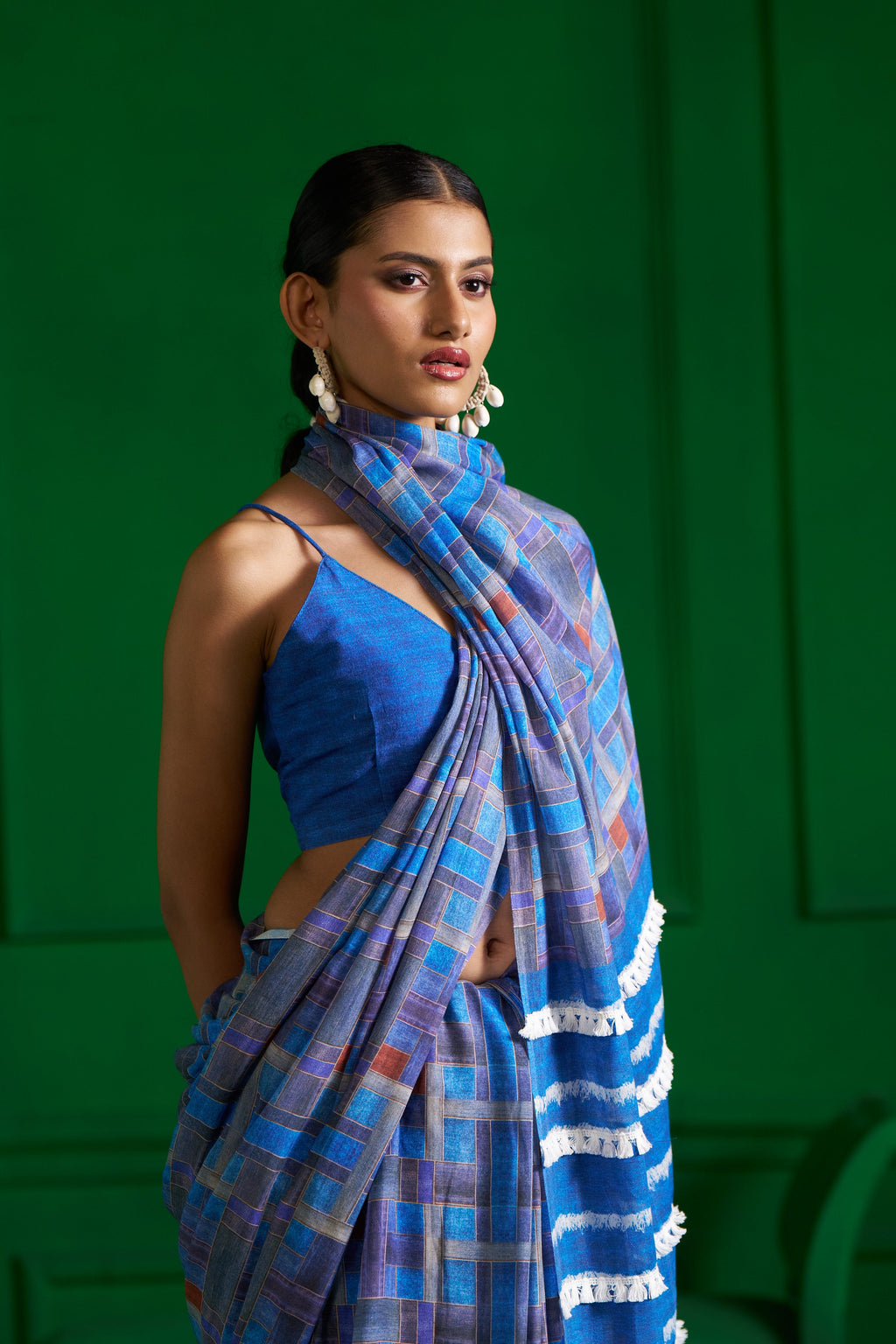 BRIGHT BLUE CHECKS VISCOSE MUL DENIM SAREE