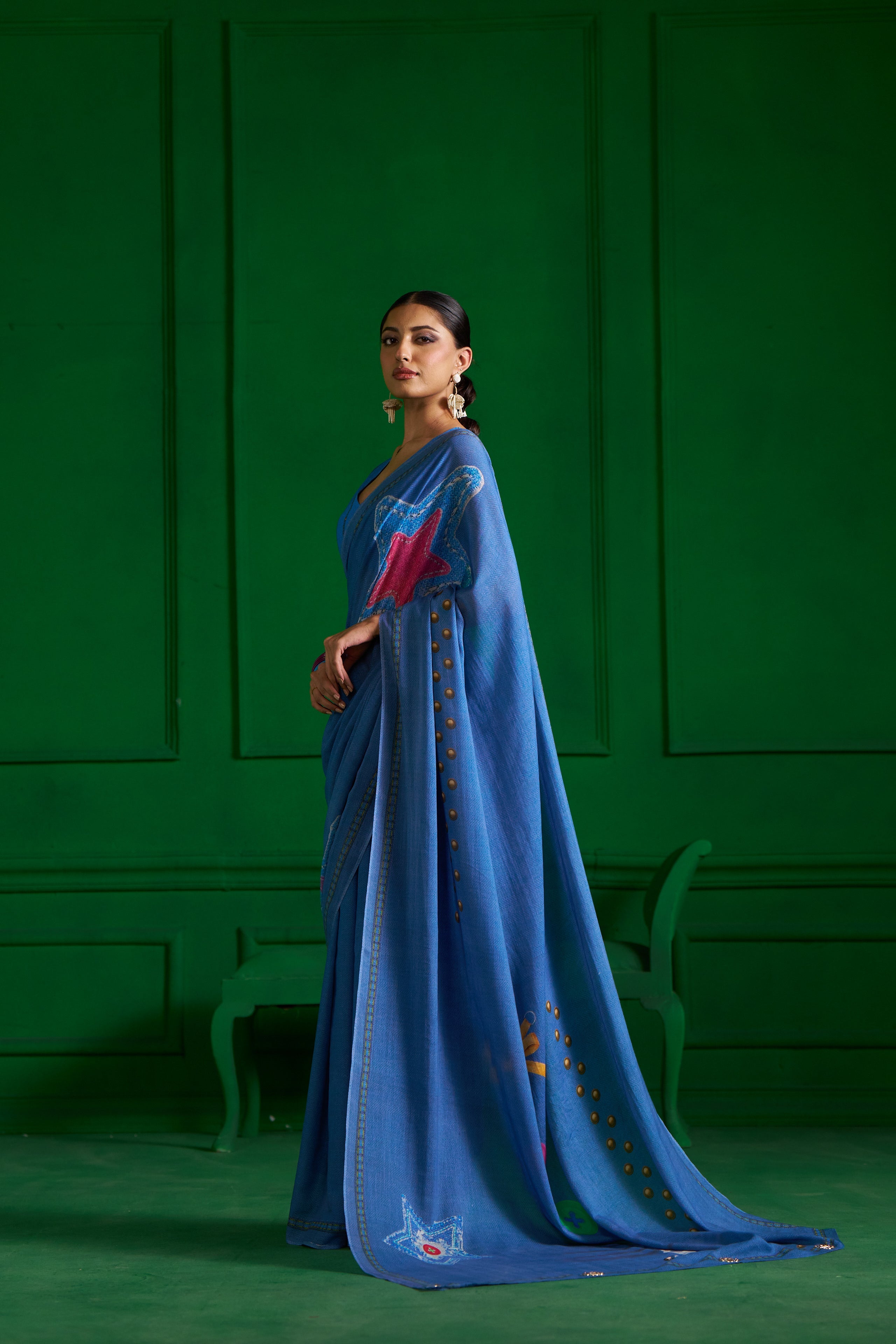 BRIGHT BLUE VISCOSE MUL STUD KNOT DENIM SAREE