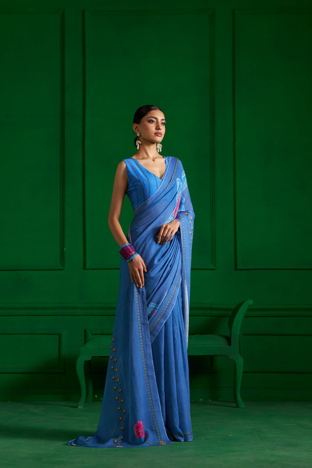 BRIGHT BLUE VISCOSE MUL STUD KNOT DENIM SAREE